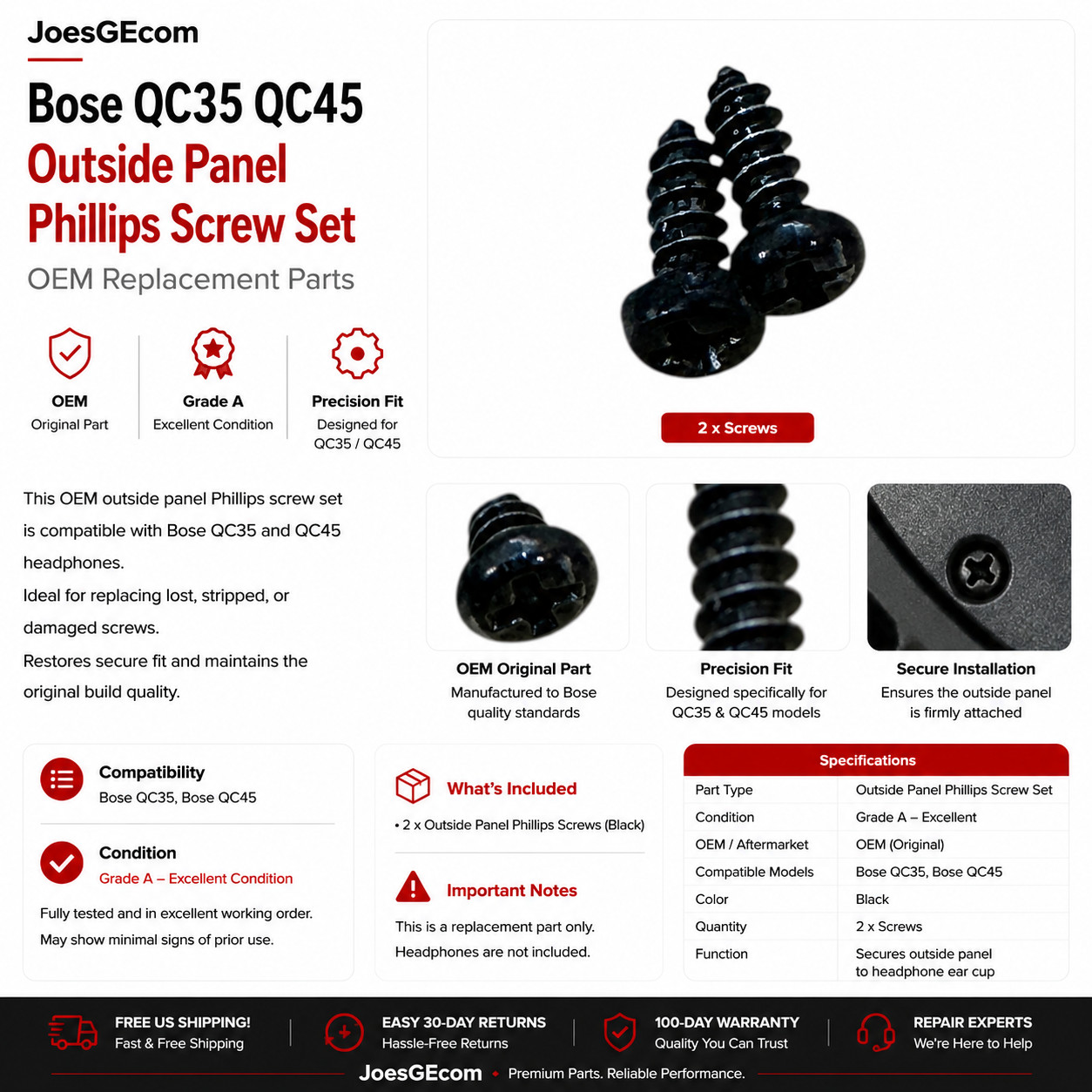 Bose QC35 QC45 Outside Panel Phillips Screw Set OEM Replacement Parts