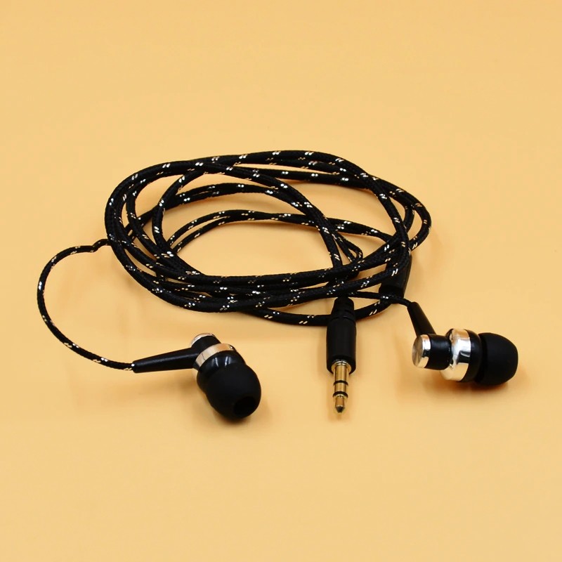 Black In-Ear Earbuds Stereo Tangle Free Braided Cable Cord Quality Sound Bass