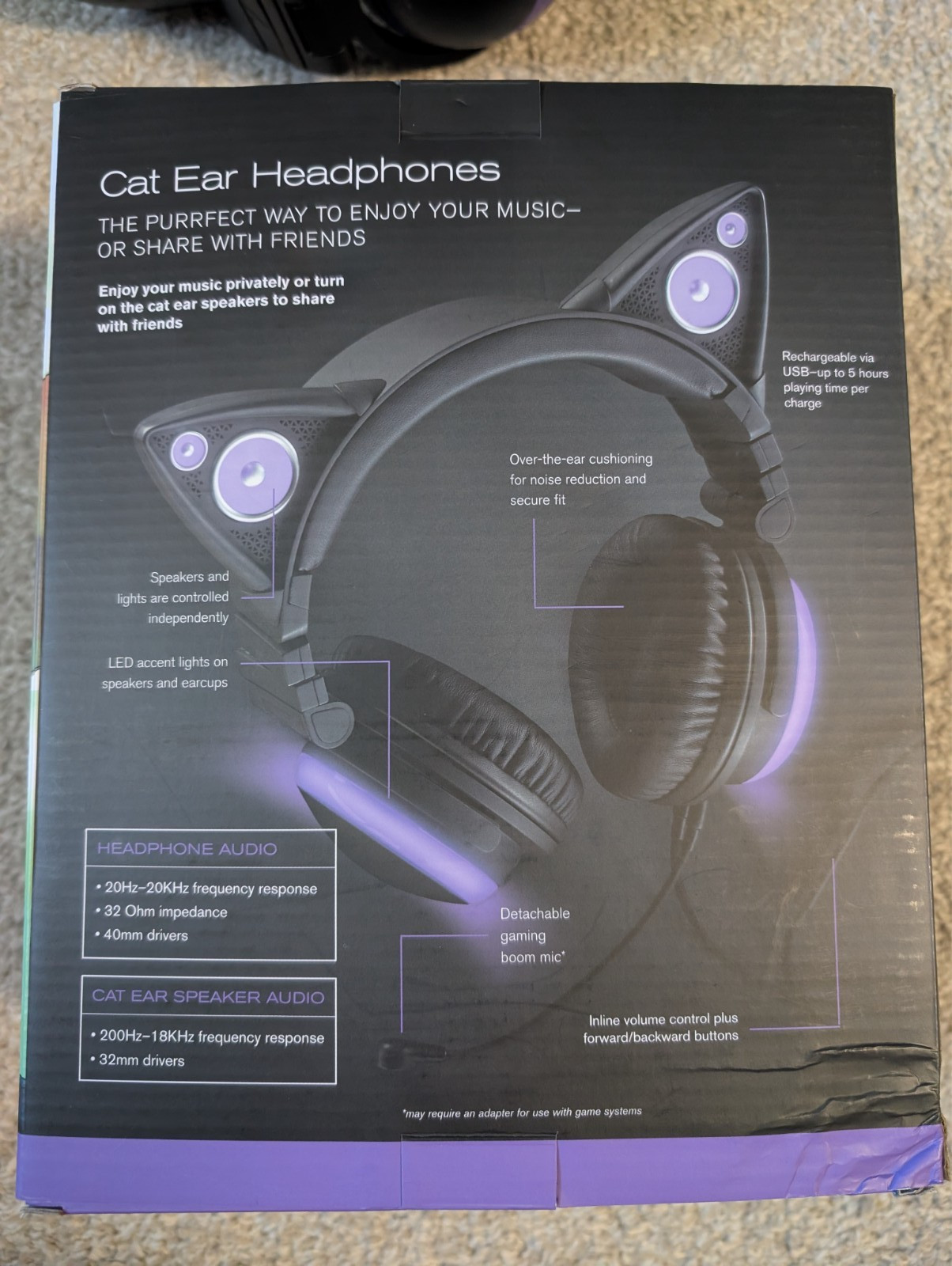 Brookstone Car Ear Light Up Headphones Black/Purple with case, box, mic, cables