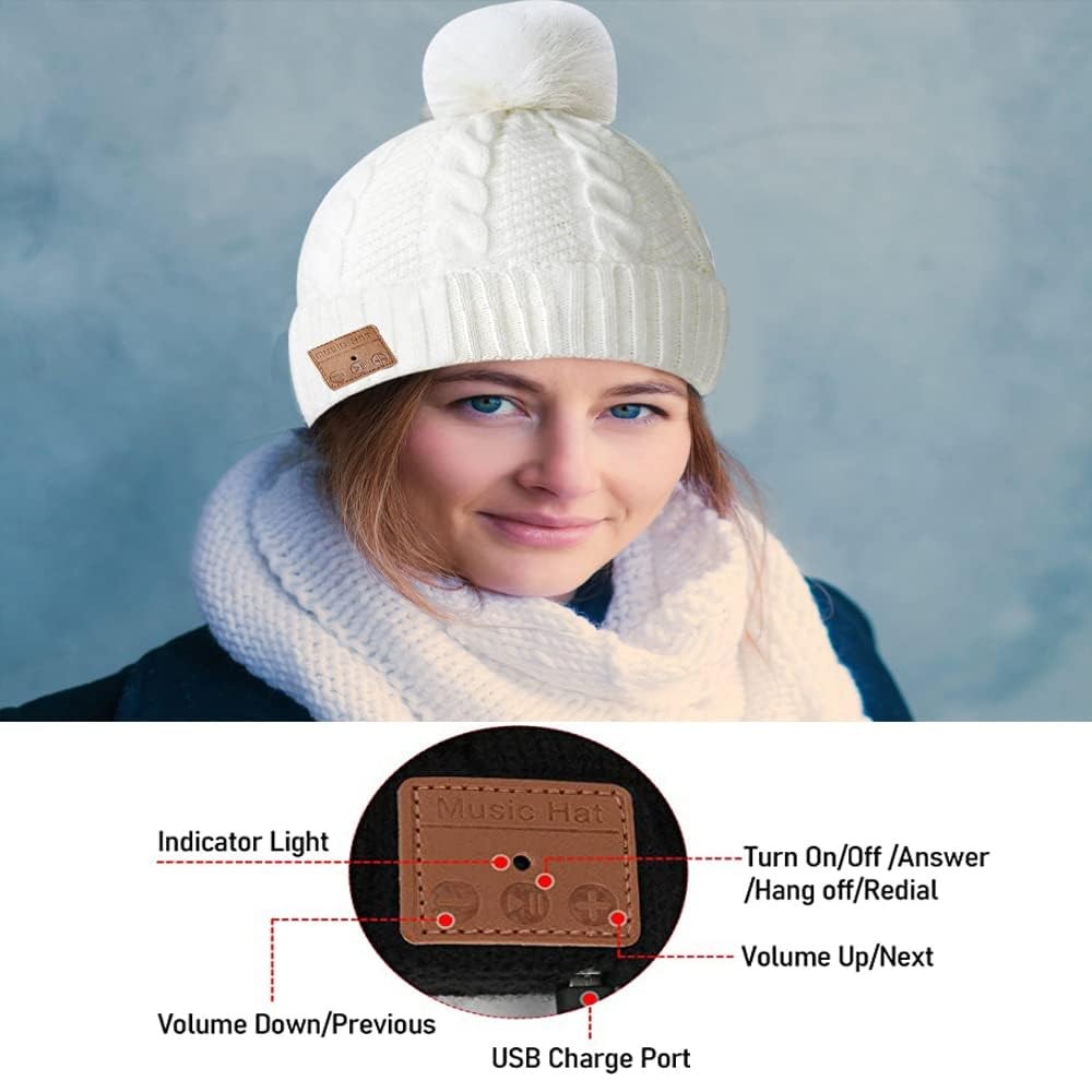 Women Bluetooth Beanie Hat Pompon Sport Wireless Music Stereo Headphones Mic