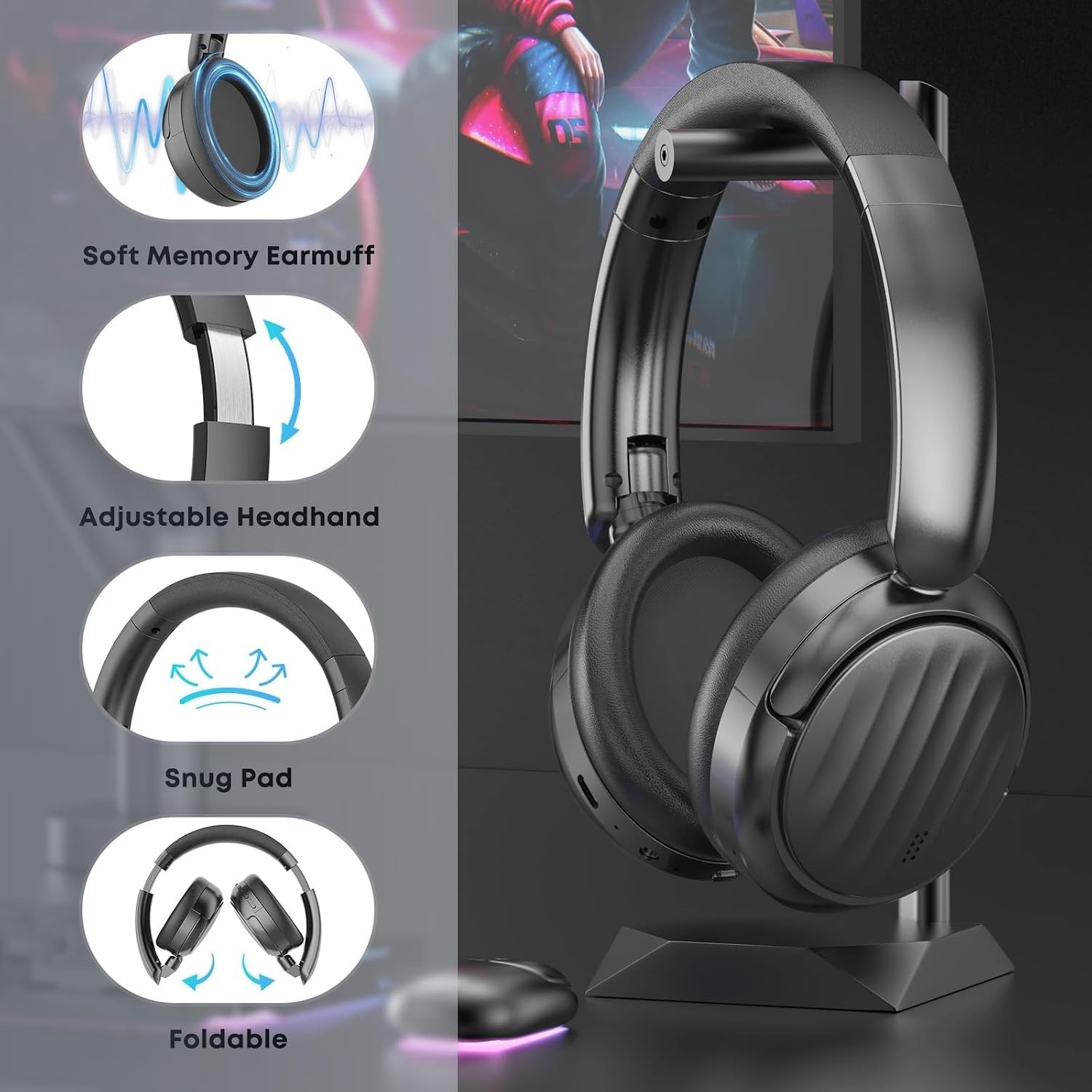Bluetooth Headphones with Active Noise Cancelling (ANC), Wireless Over Ear Bl…
