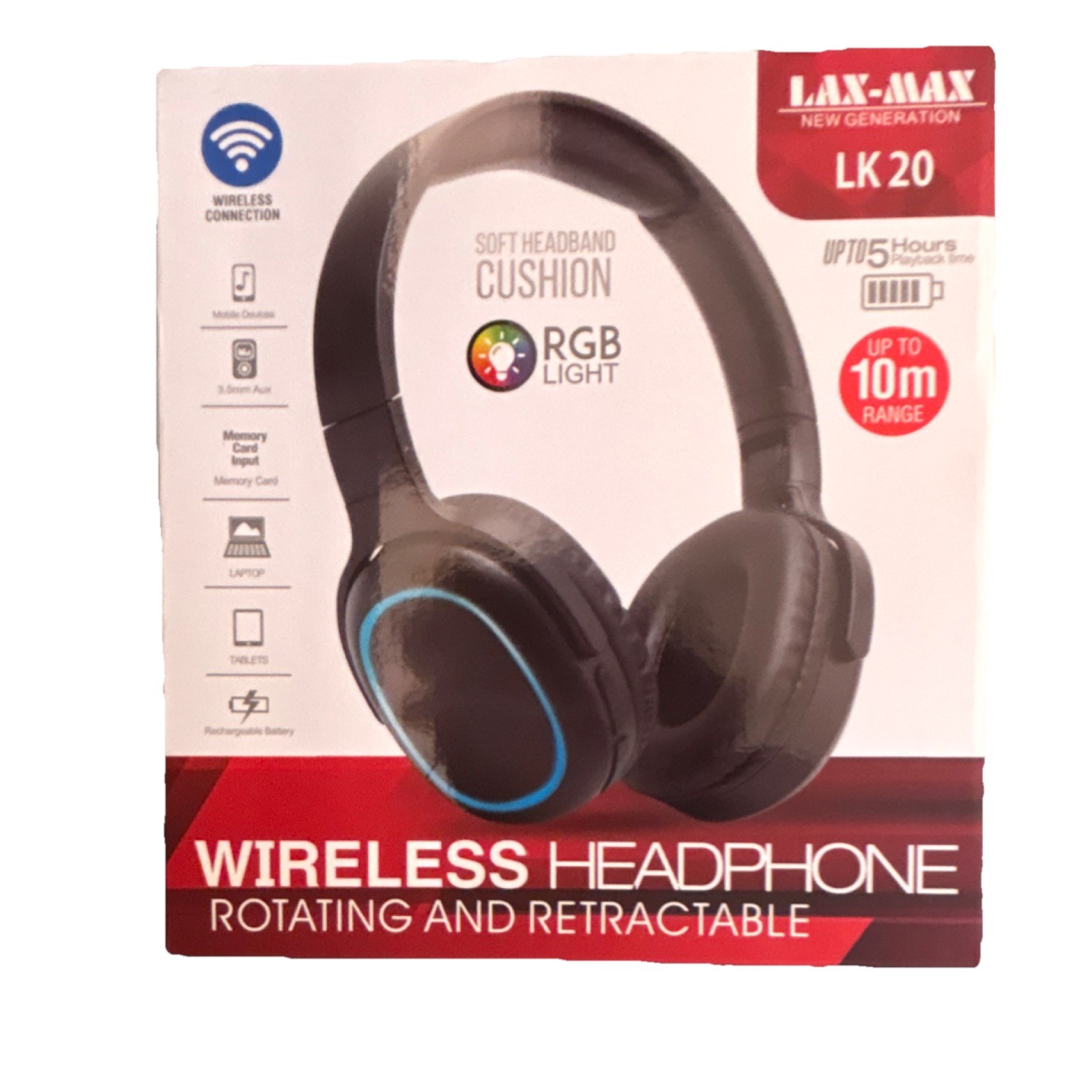LAX-MAX LK 20 Wireless Bluetooth Headphones Rotating Retractable RGB Black