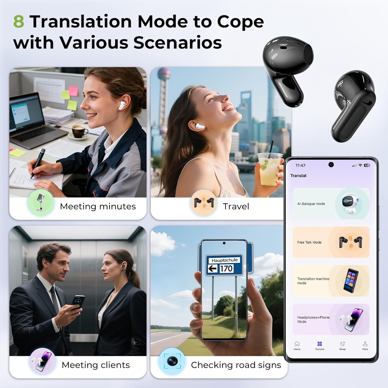 AI Translation Earbuds Real-Time Language Translator 135 Languages LCD Screen HD