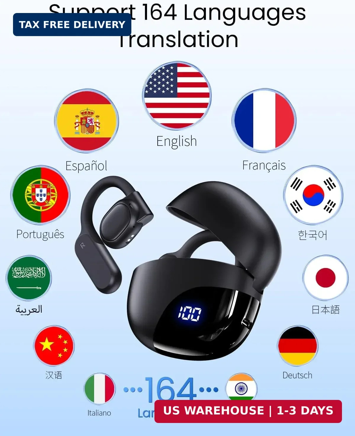AI Translation Earbuds Real Time 164 Languages 80H Translator Earbuds K black