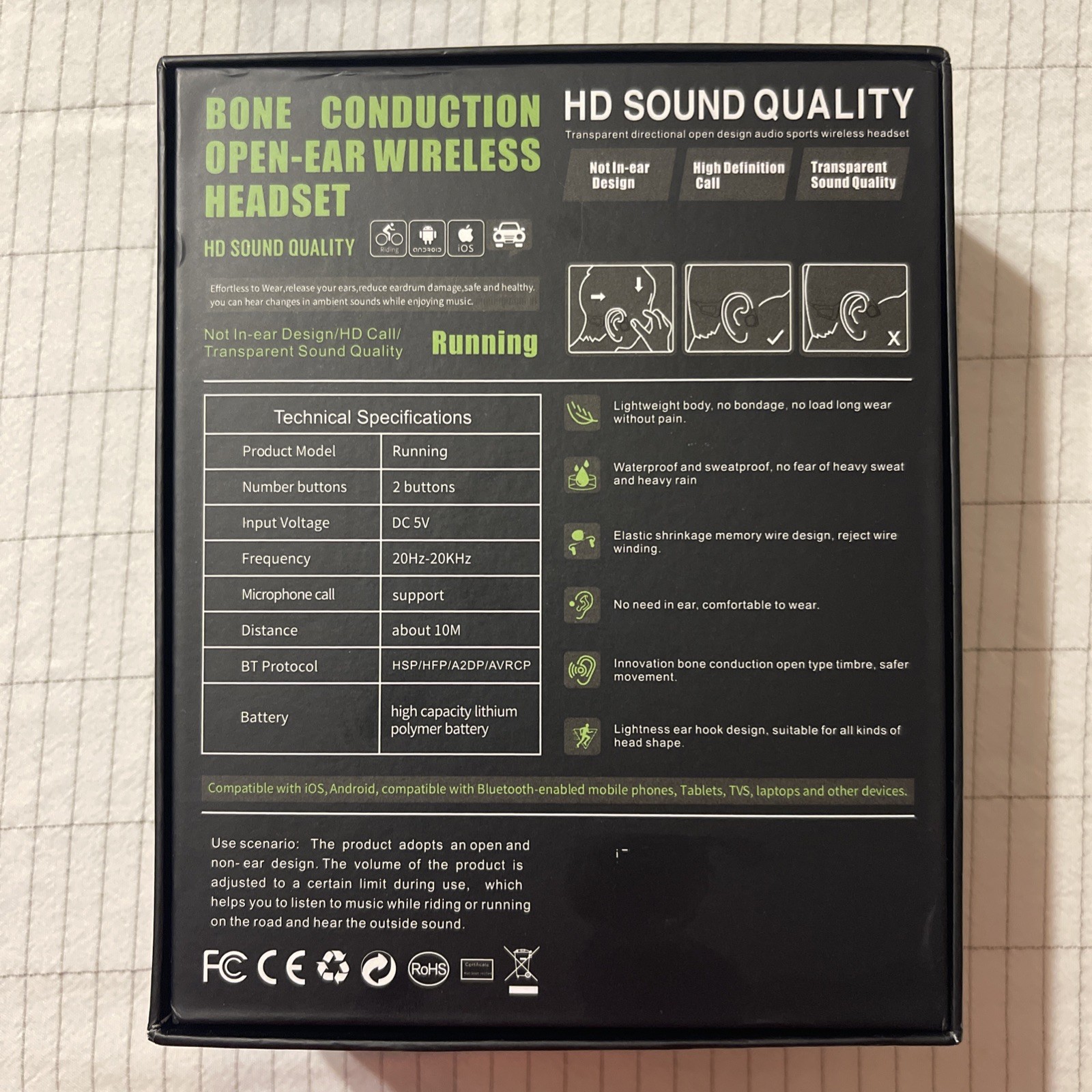 Bone Conduction Open-Ear Bluetooth Wireless Headset Running Neckband Black