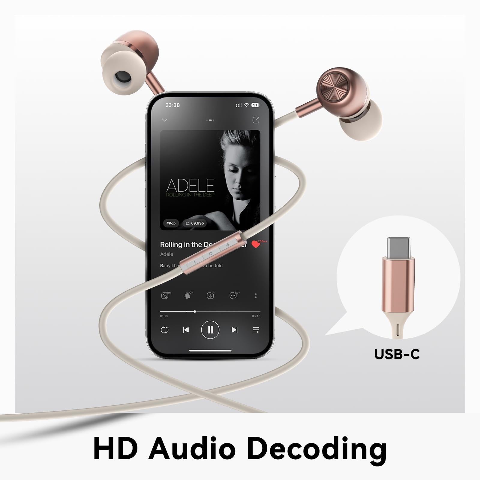 Pink USB C Headphones for Women Girls, Cute Wired Type C In common use,