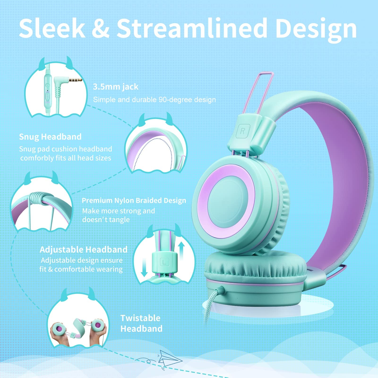 Green P10 Kids Headphones With Microphone 85/94dB Volume Control Foldable