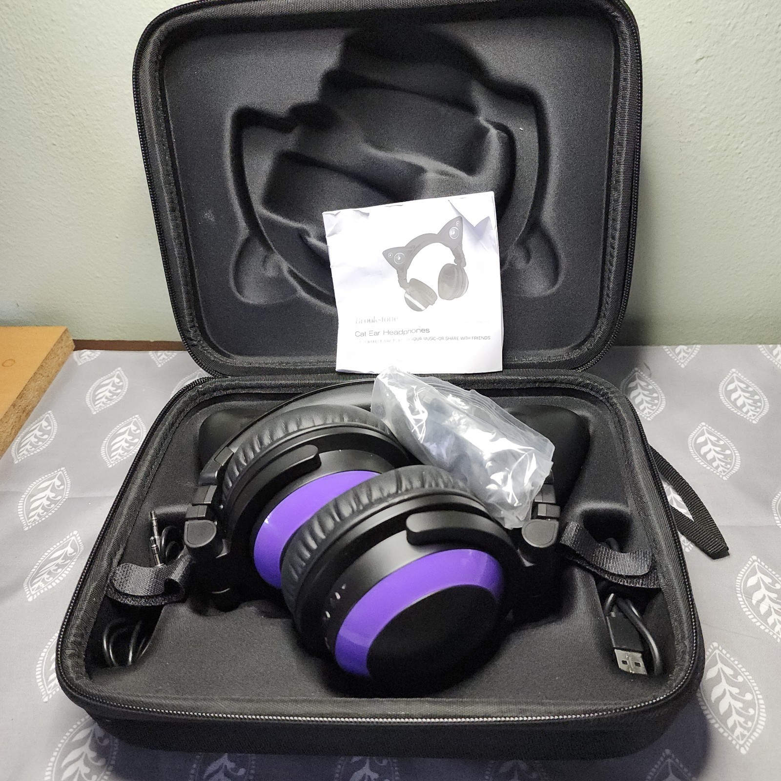 Brookstone Purple Black Cat Ear Headphones w/ Storage Case and Micro USB Cable