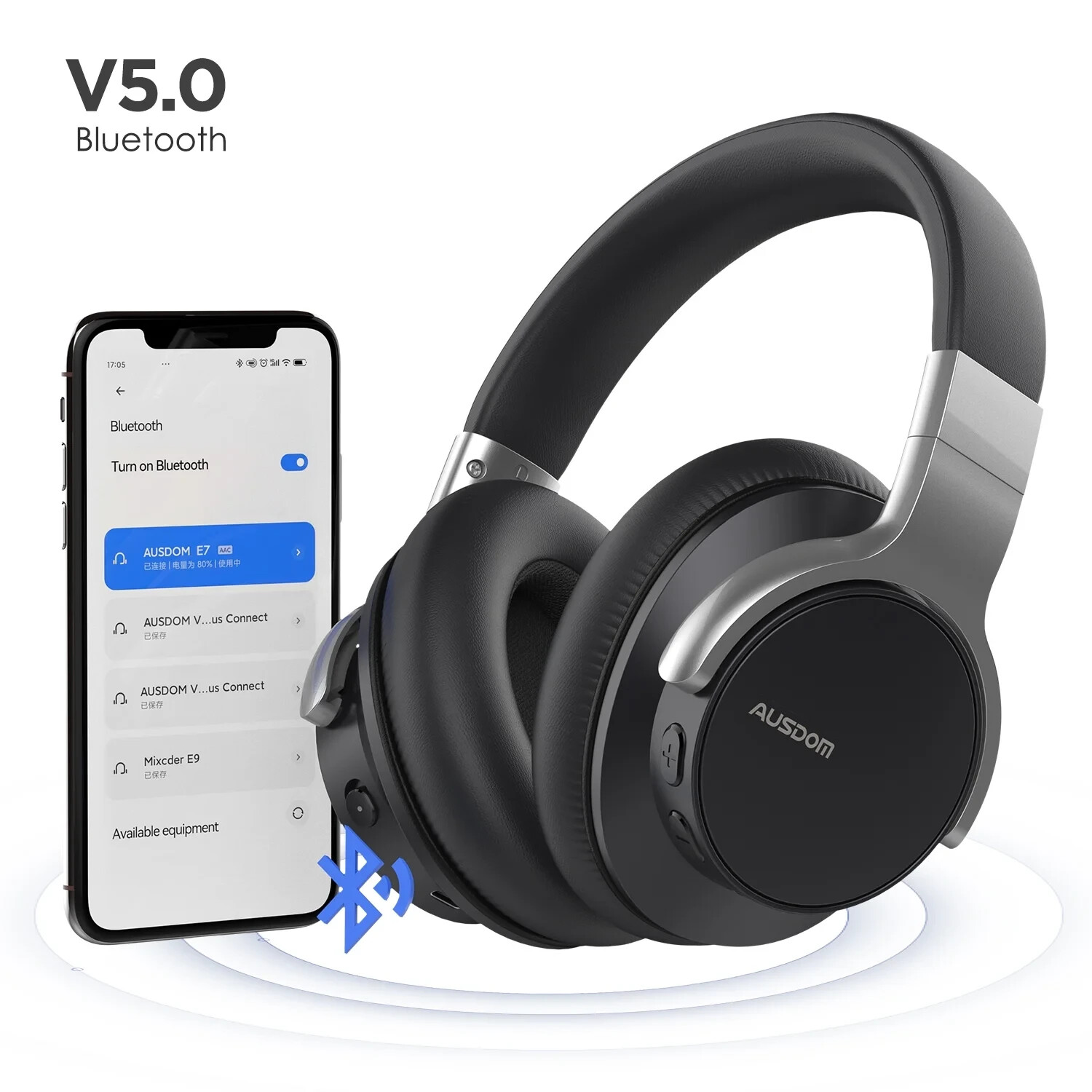 AUSDOM E7 Active Noise Cancelling Headphones, Wireless over Ear Bluetooth 5.0 He