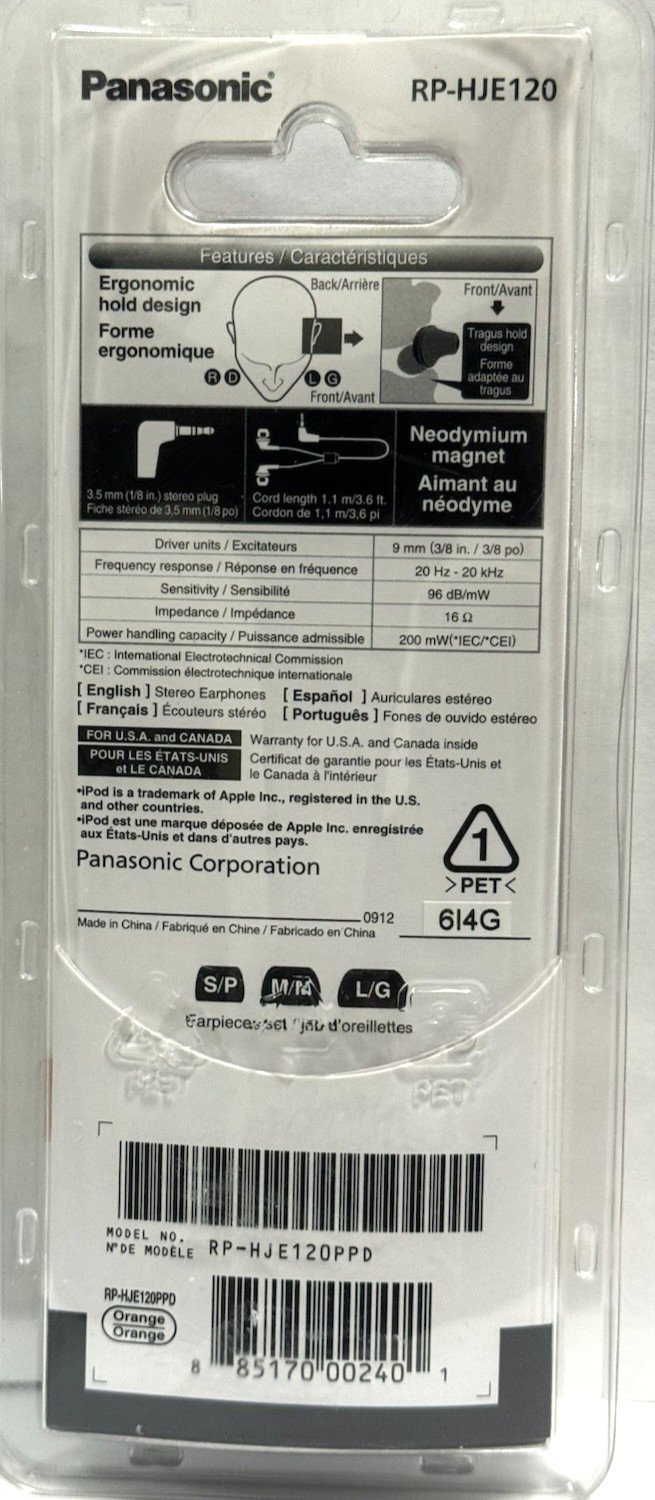 Panasonic RP-HJE120 Ergo-Fit In-Ear Headphones – Orange NEW Sealed