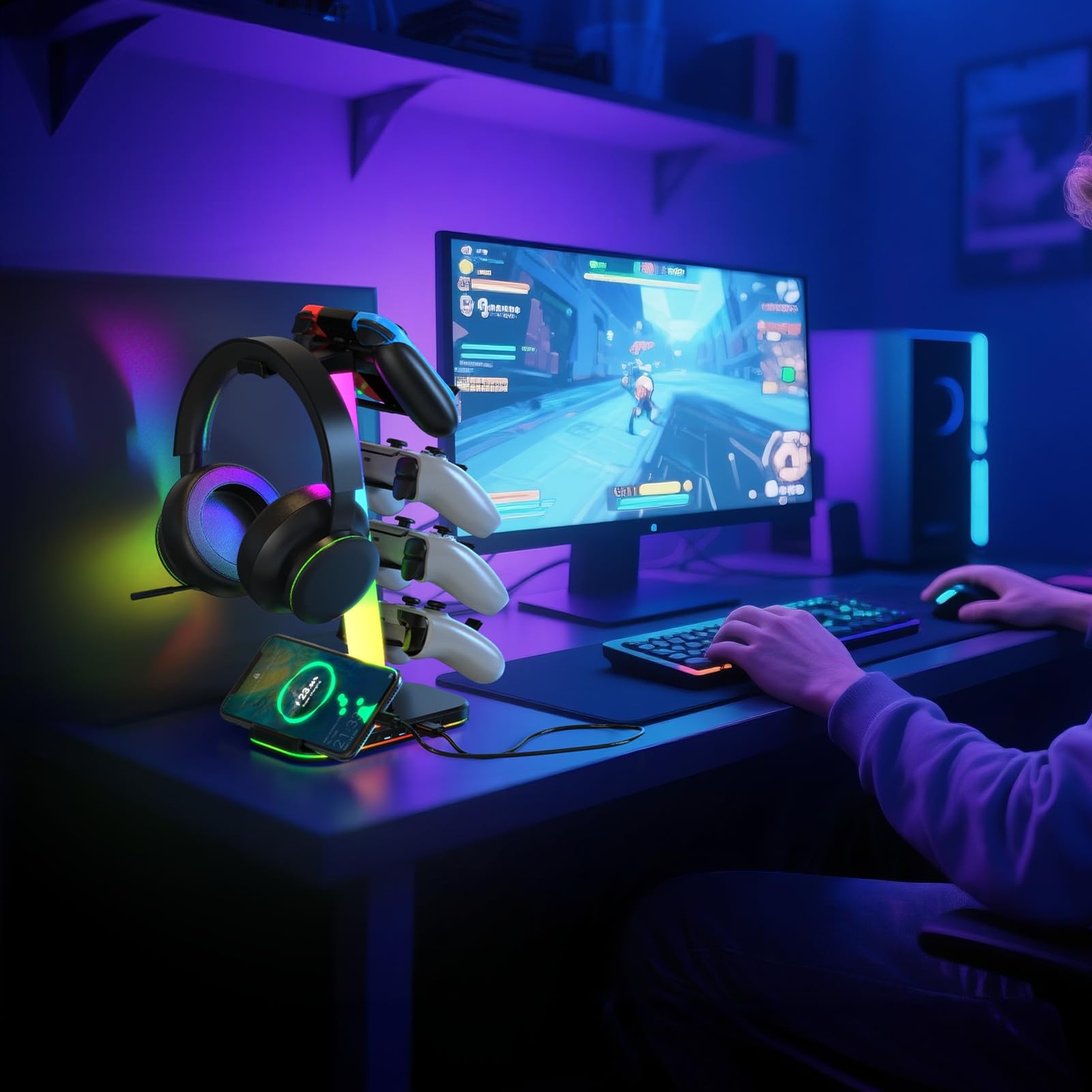 Gaming Headphones Stand with Charging Station, RGB Headset Stand with 10 Light M