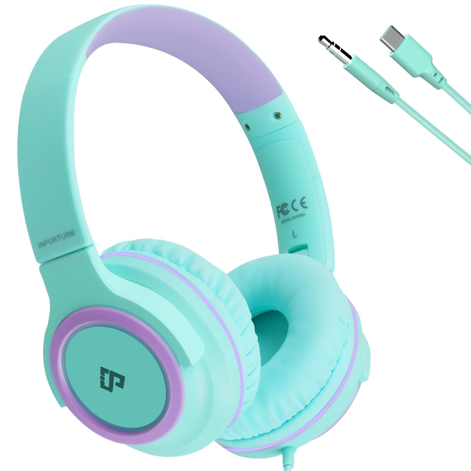 CH2 Kids USB C 3.5mm Headphone Volume Limit 94dB On Ear Wired Green