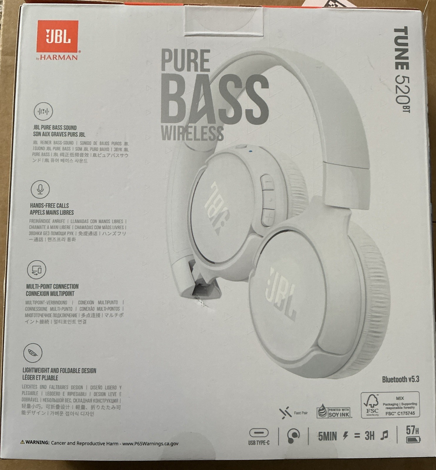 JBL Tune 520BT Pure Bass Wireless Bluetooth Headphones, White, Brand New Sealed