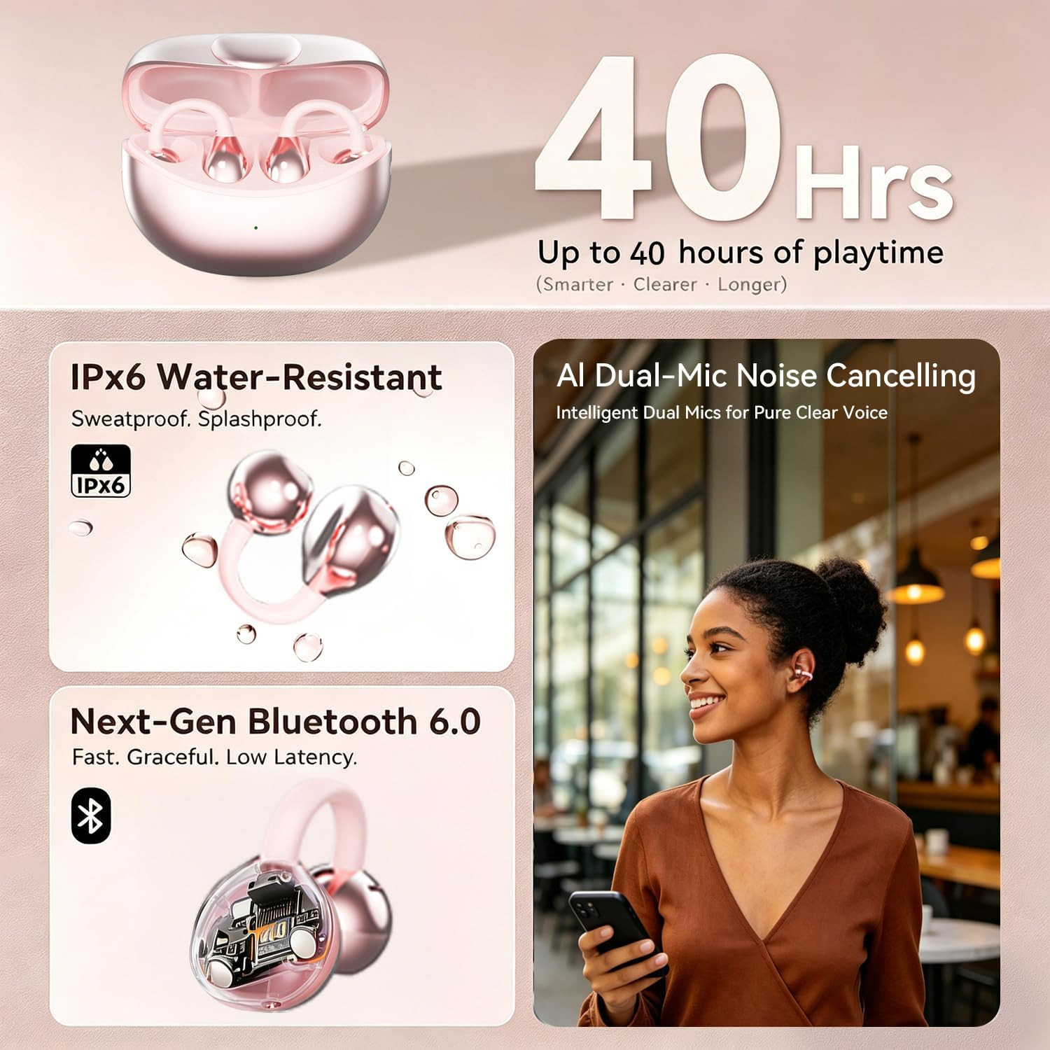 Bluetooth 6.0 Clip-On Earbuds for Women, Hi-Fi Sound, 40H Playtime
