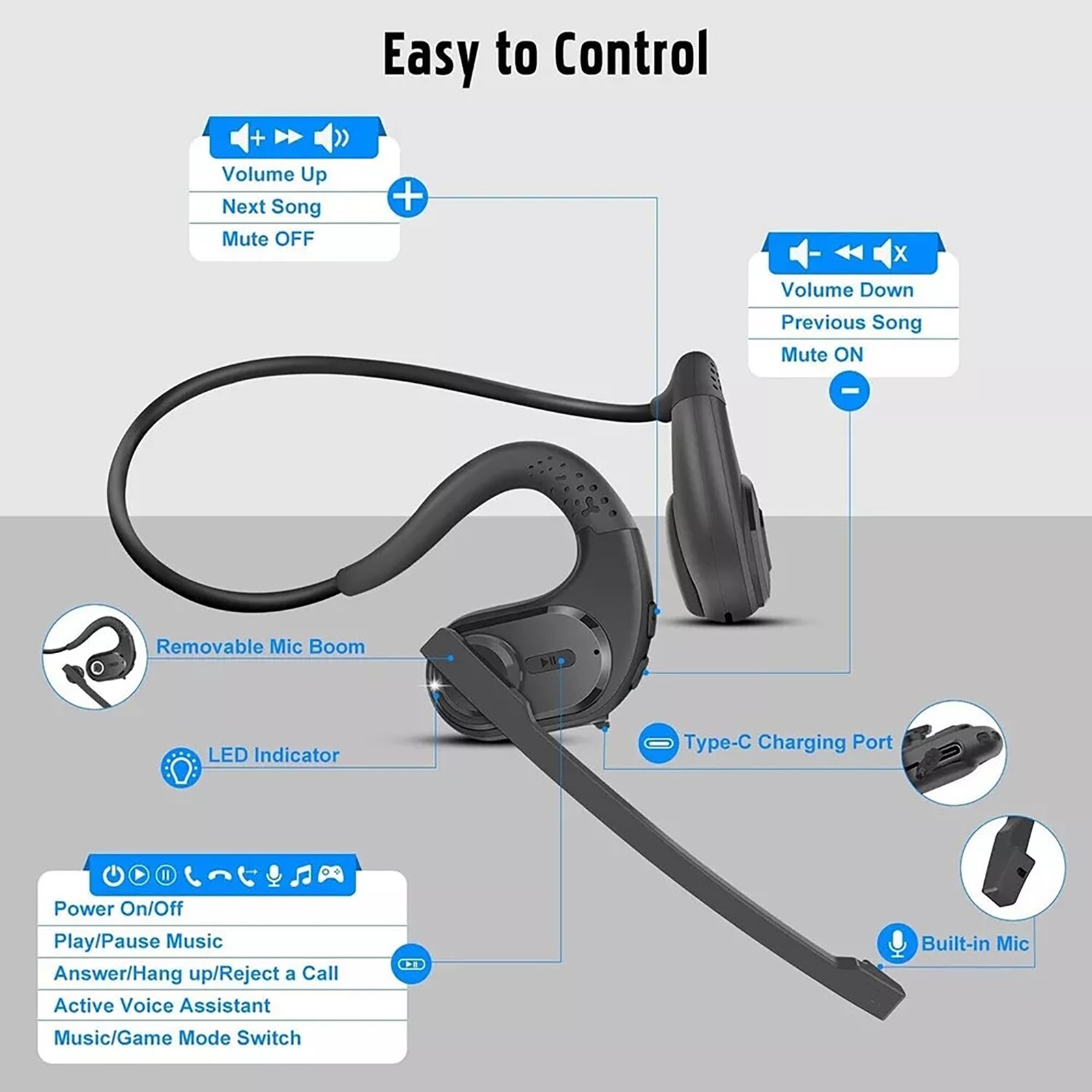 Open Ear Air Conduction Bluetooth 5.3 Wireless Headphones With Detachable Mic