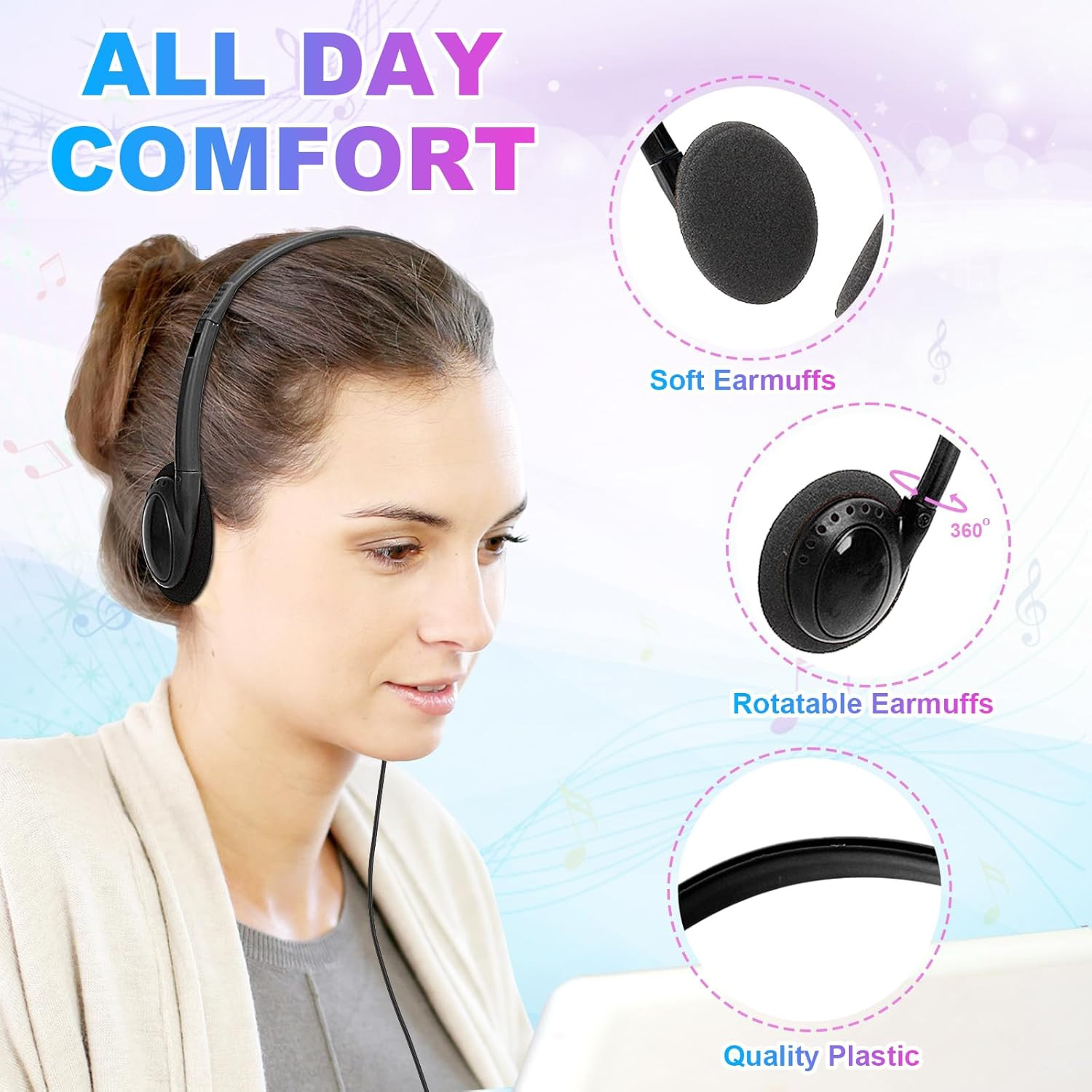 Bulk Headphones 50 Pack for Classroom School Kids, Wholesale Wired Adjustable on