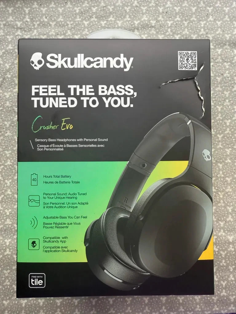 New- Skullcandy Crusher Evo Wireless Headphones -True Black USB-C *RIPPED BOX*