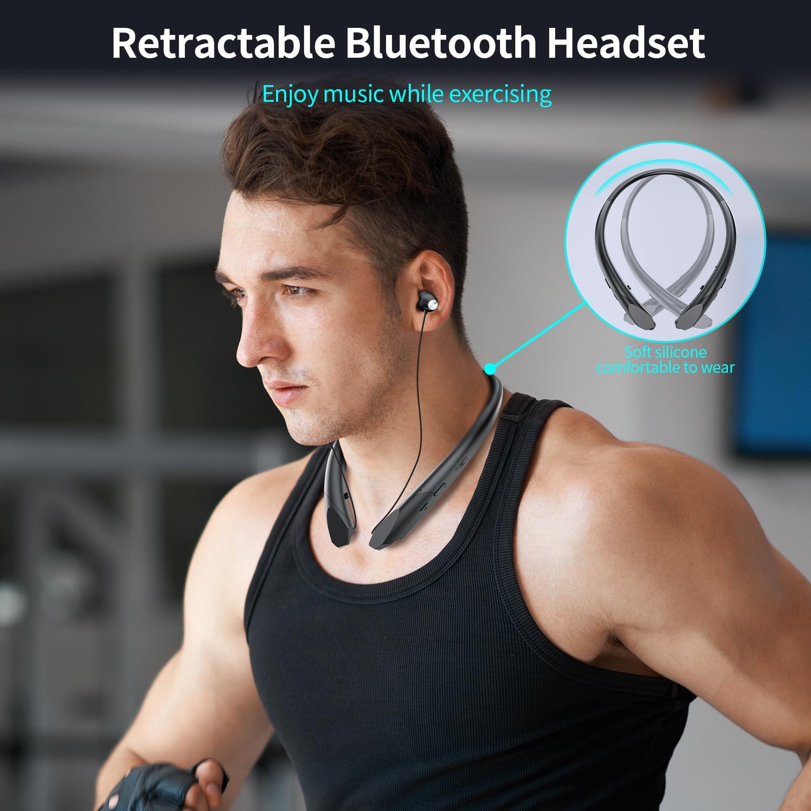 LHKLUK Neckband Bluetooth Headphones Retractable, Wireless Headset with BLACK