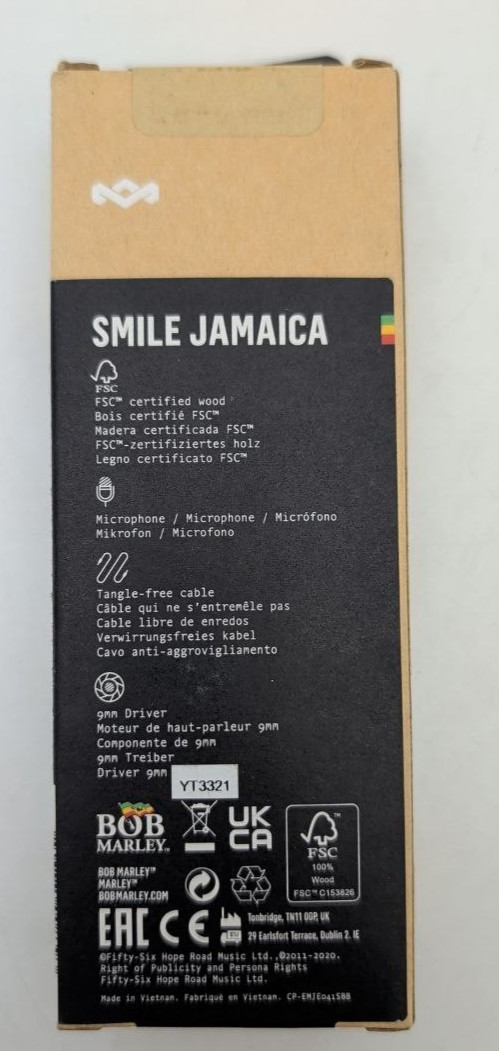 House Of Marley Smile Jamaica Wired Earbuds 9mm Drivers In Ear Microphone Black