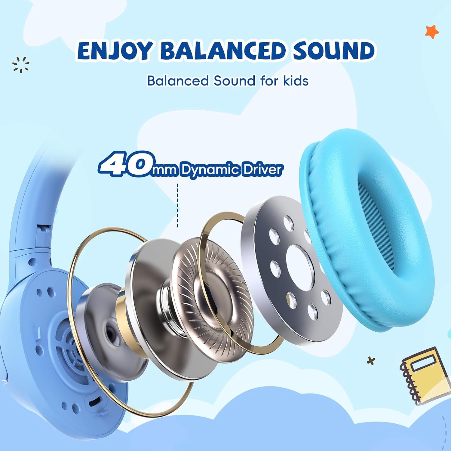Wired Headphones for Kids for School, 3.5mm Cord 85/94dB Volume, Light Blue | Ov