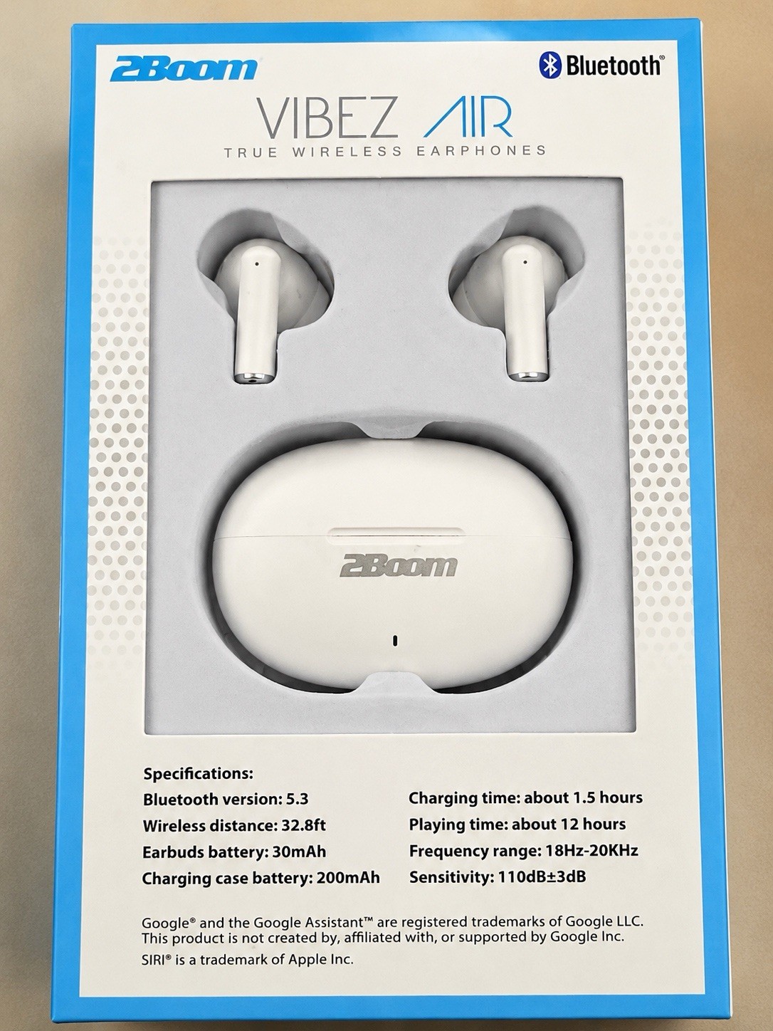 2Boom Vibez Air True Wireless Bluetooth Earbuds w/ Mic Touch Control, White