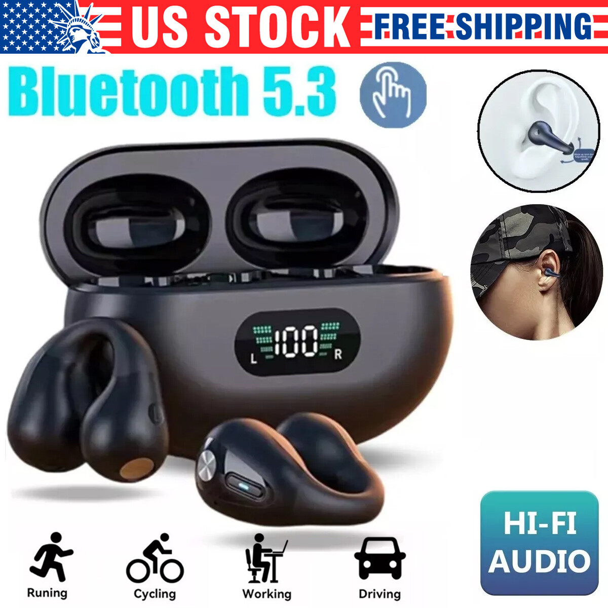 Wireless Bluetooth 5.3 Earbuds Ear Clip Bone Conduction Headphones Sport Headset