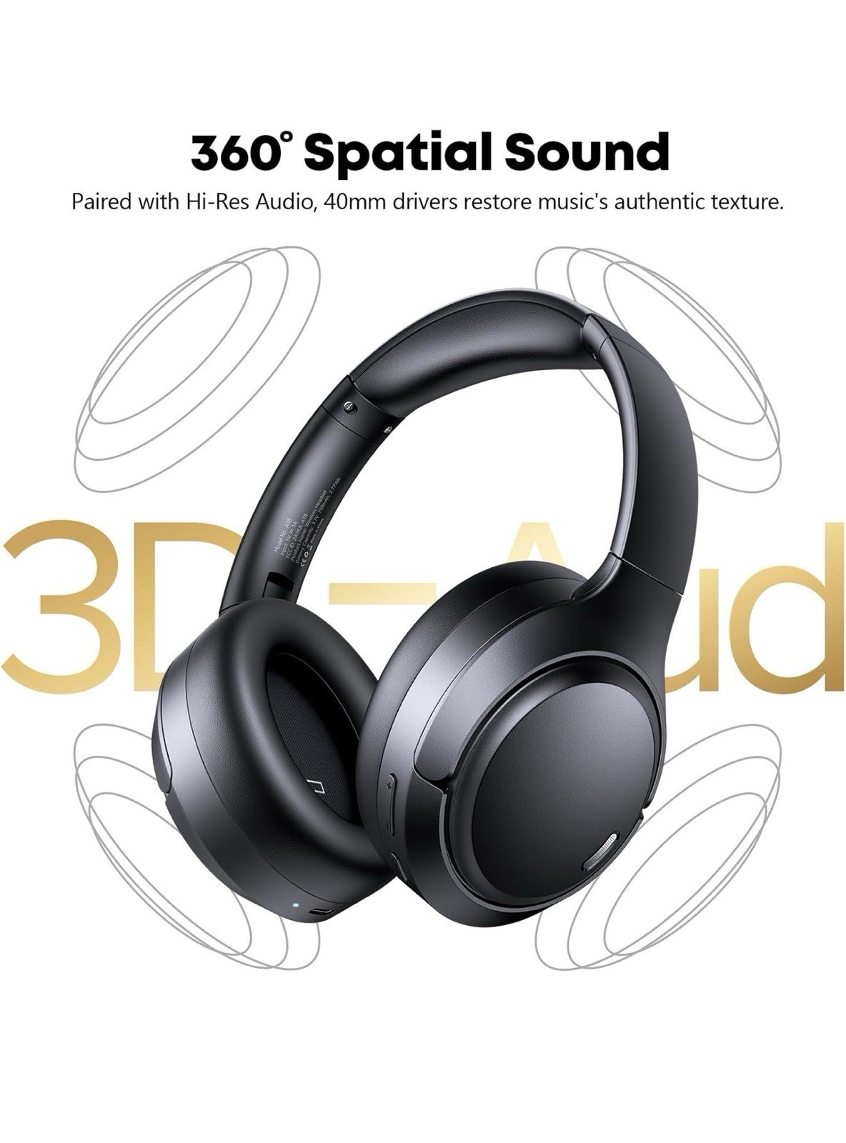TAGRY Bluetooth Over-Ear Headphones w/ Active Noise Cancellation 40mm Black