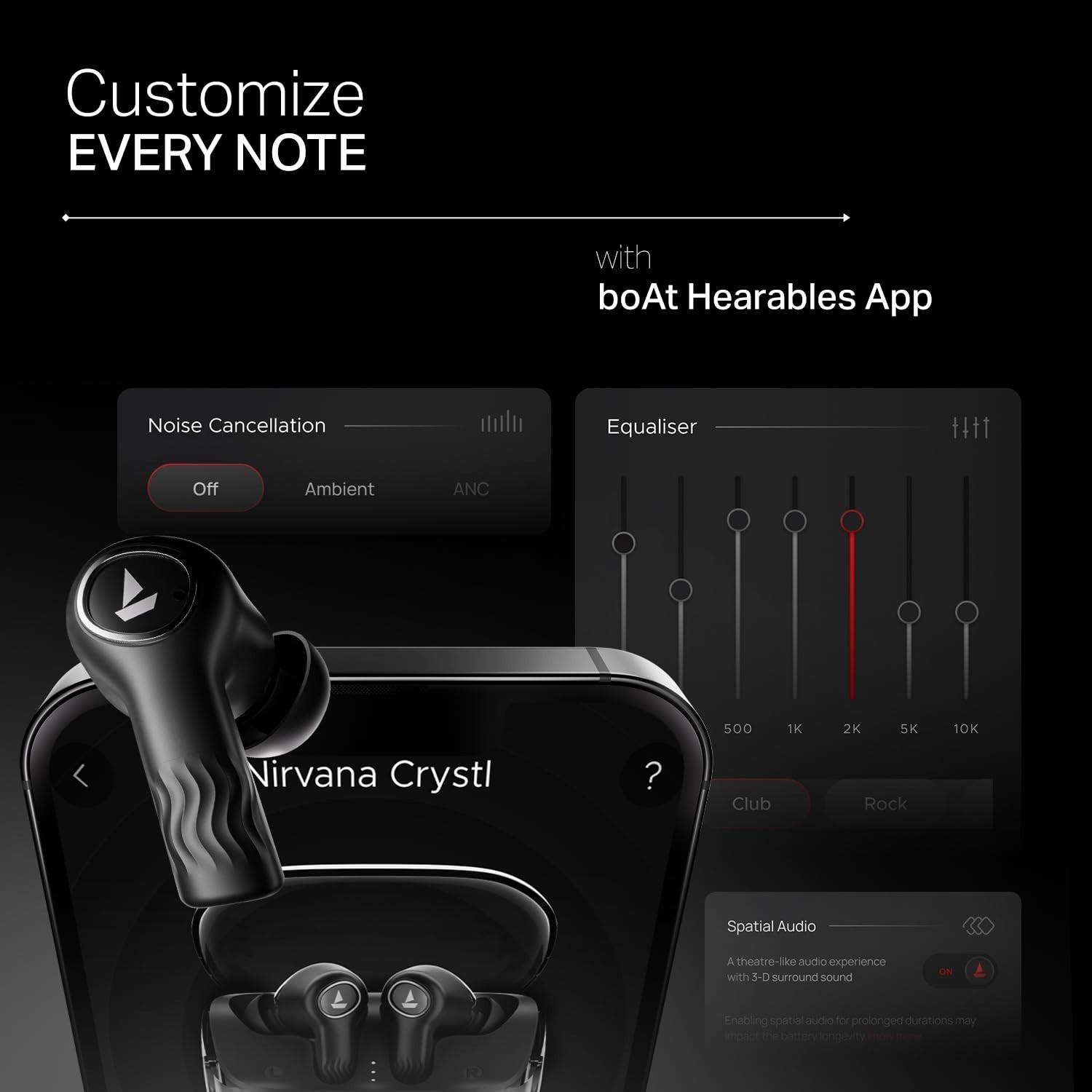 boAt Nirvana Crystl TWS Bluetooth Earbuds ANC Wireless Earphones 100H Battery