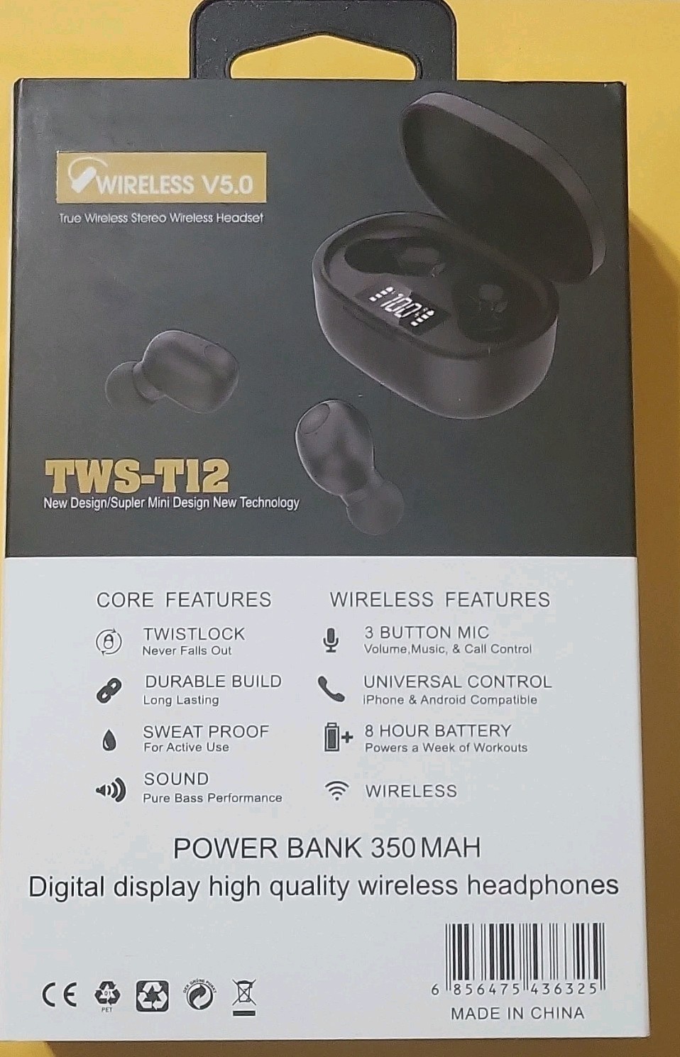 TWS-T12 Wireless Bluetooth Earbuds Black Sweat Proof Durable Twistlock In-Ear