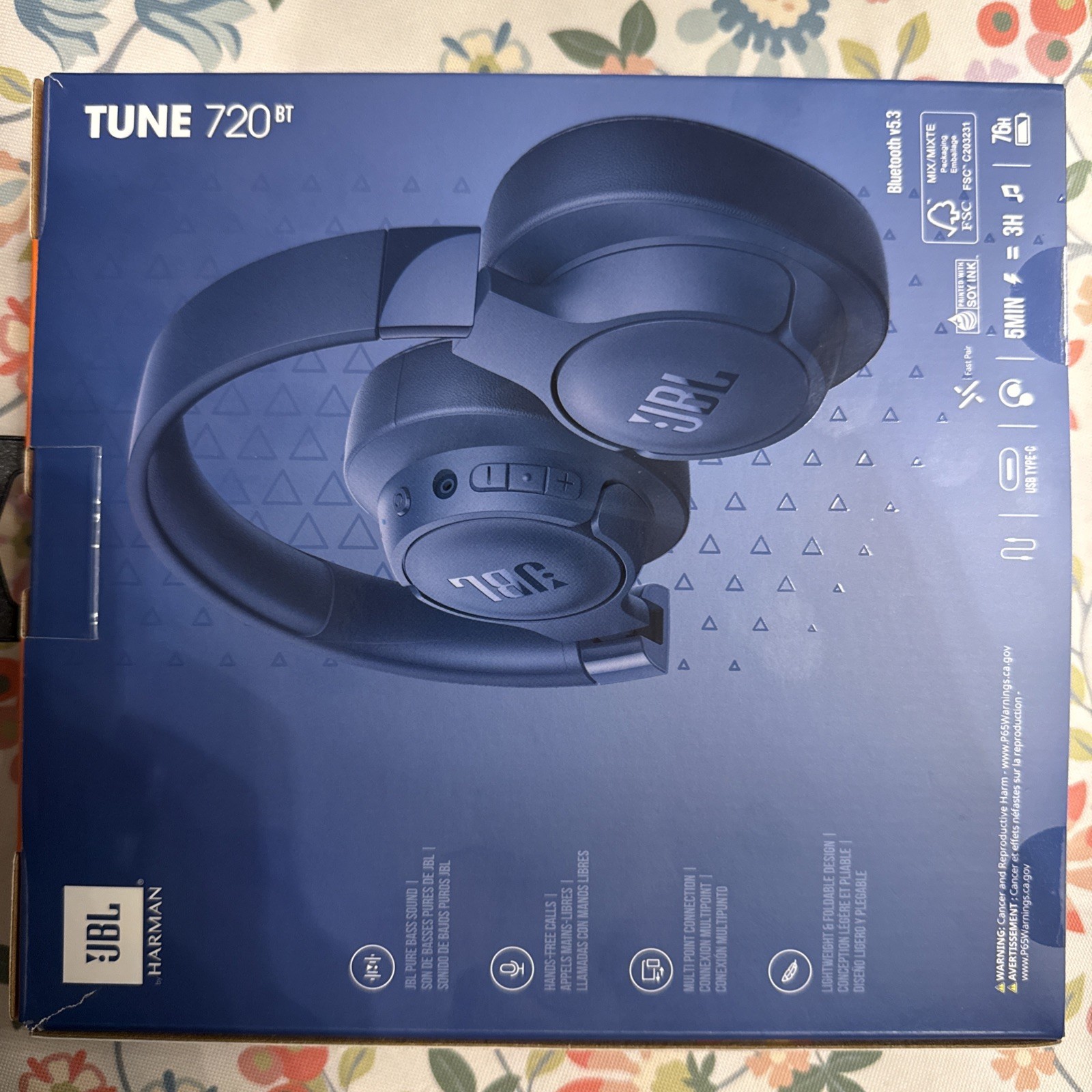 JBL Tune 720BT Over-Ear Wireless Bluetooth Pure Bass Sound Headphones (Blue)