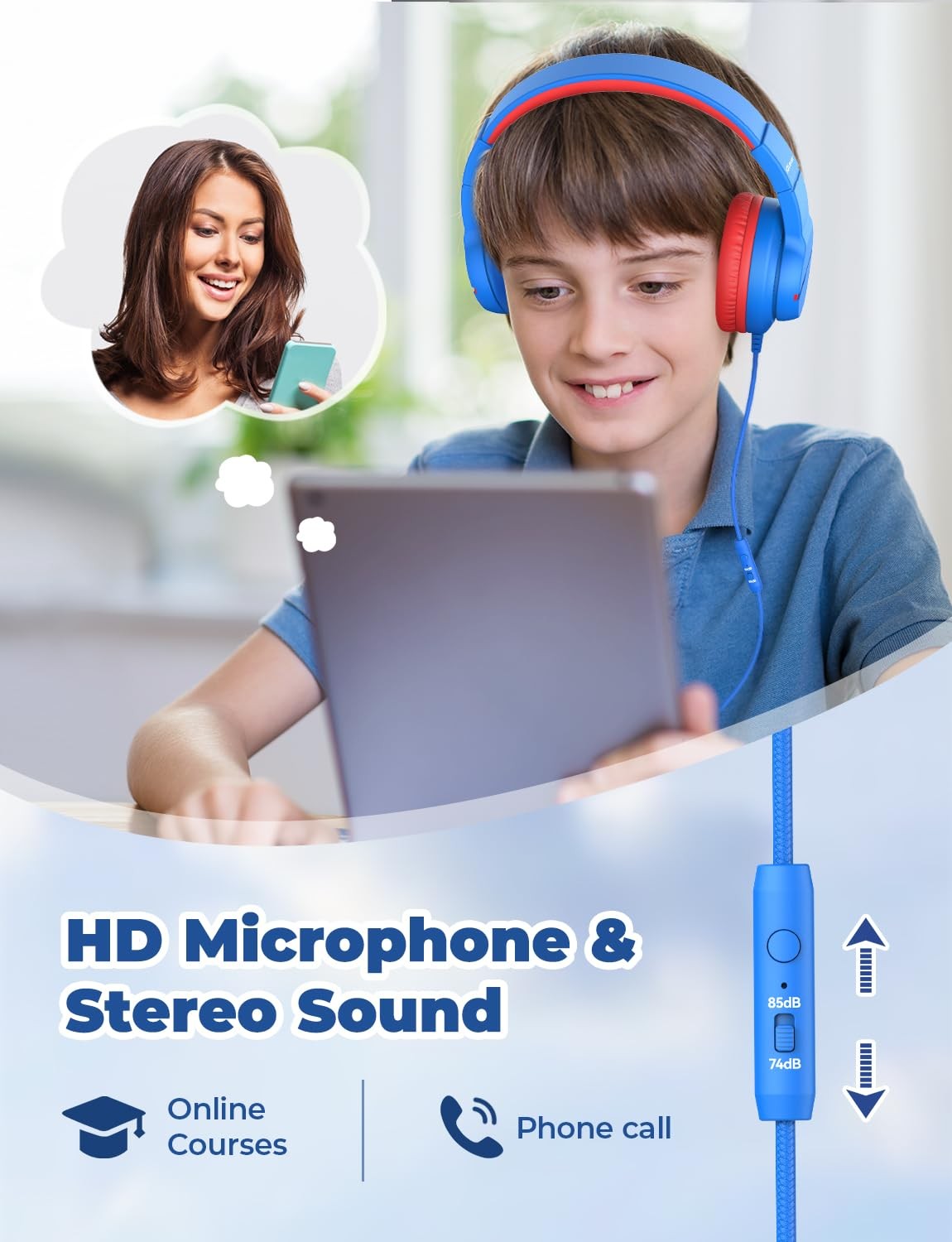 Kids Headphones for School Travel, Safe Volume Limited, HD Mic Stereo Sound O…