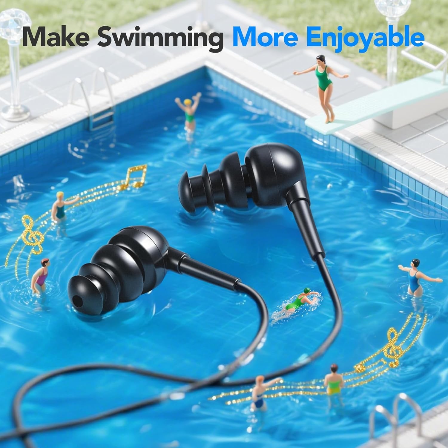 AGPTEK IPX8 Waterproof in-Ear Earphones, Coiled Cable Swimming Earbuds Black