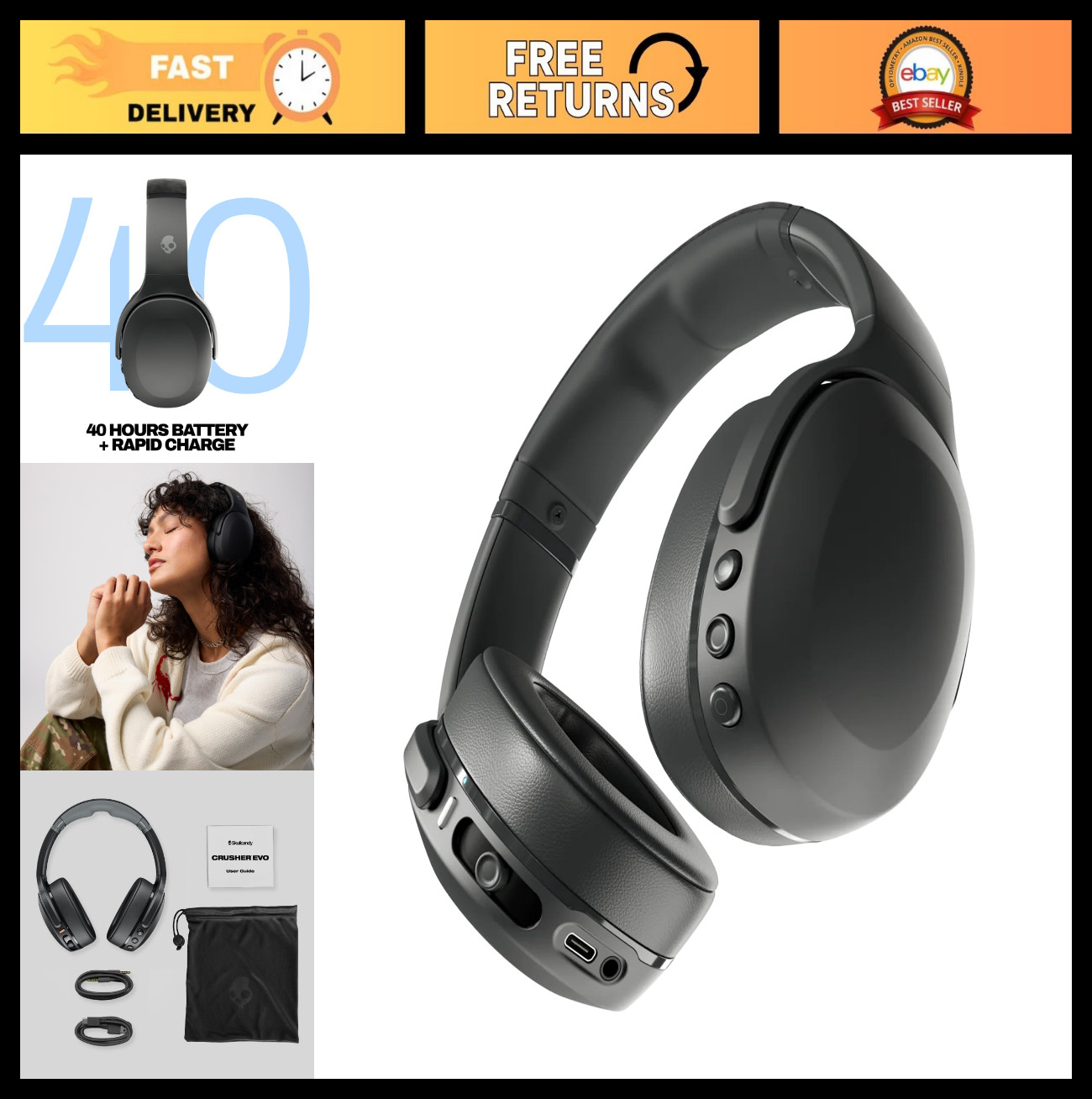 Wireless Multi-Sensory Bass Headphones – Deep Bass, Comfortable Fit, True Black