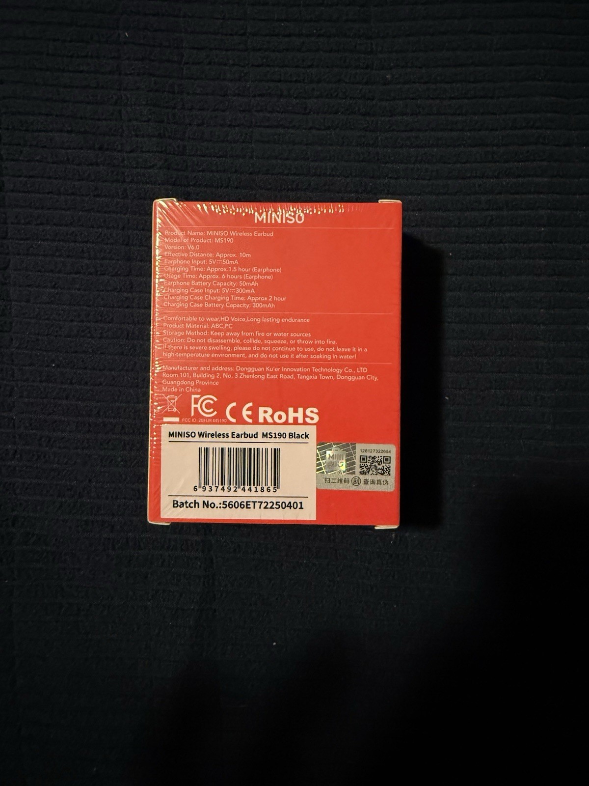 MINISO MS190 Bluetooth Wireless Earbud Black, HD Voice, Long Lasting Endurance