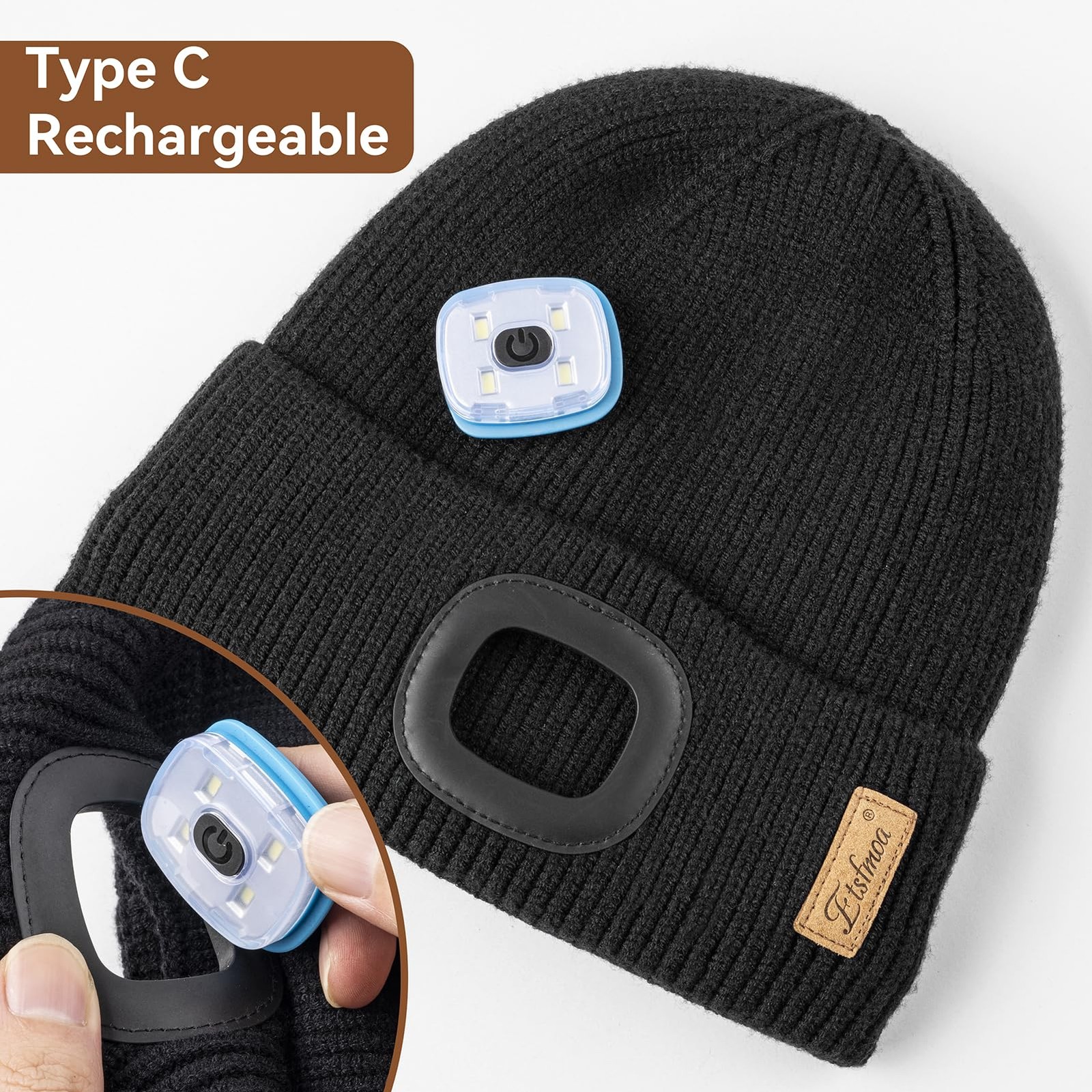 Hat With Light For Kids Fleece Lined Knit Beanie Boys Girls Type-c Headlamp