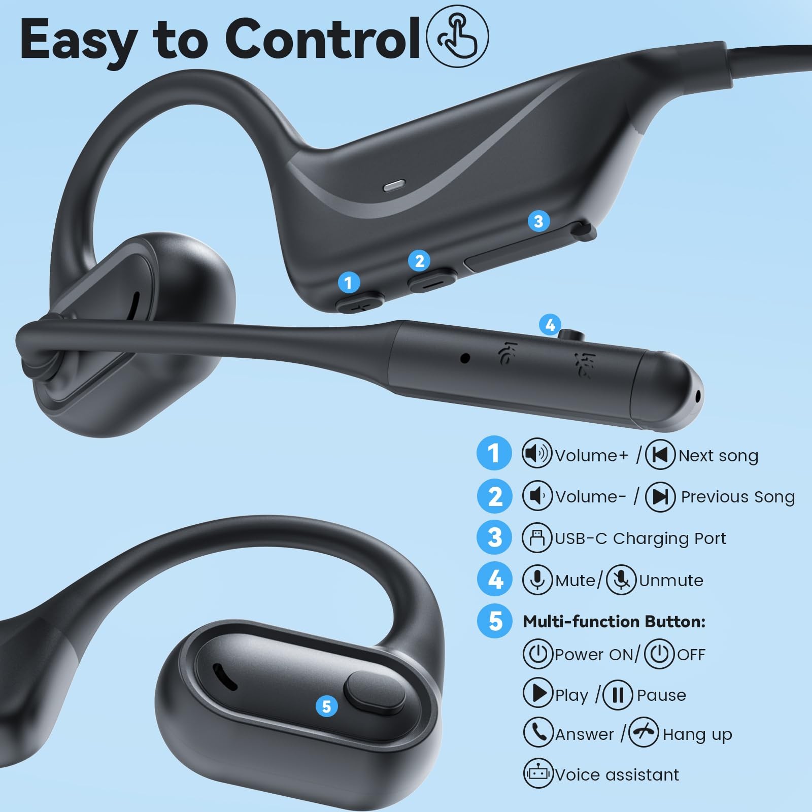Open Ear Headphones with Mic, Lightweight Bluetooth 5.4 Headset with Micropho…