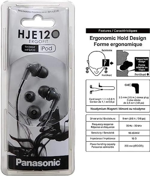 Panasonic ErgoFit Wired Earbuds, In-Ear Headphones with Dynamic Black No Mic