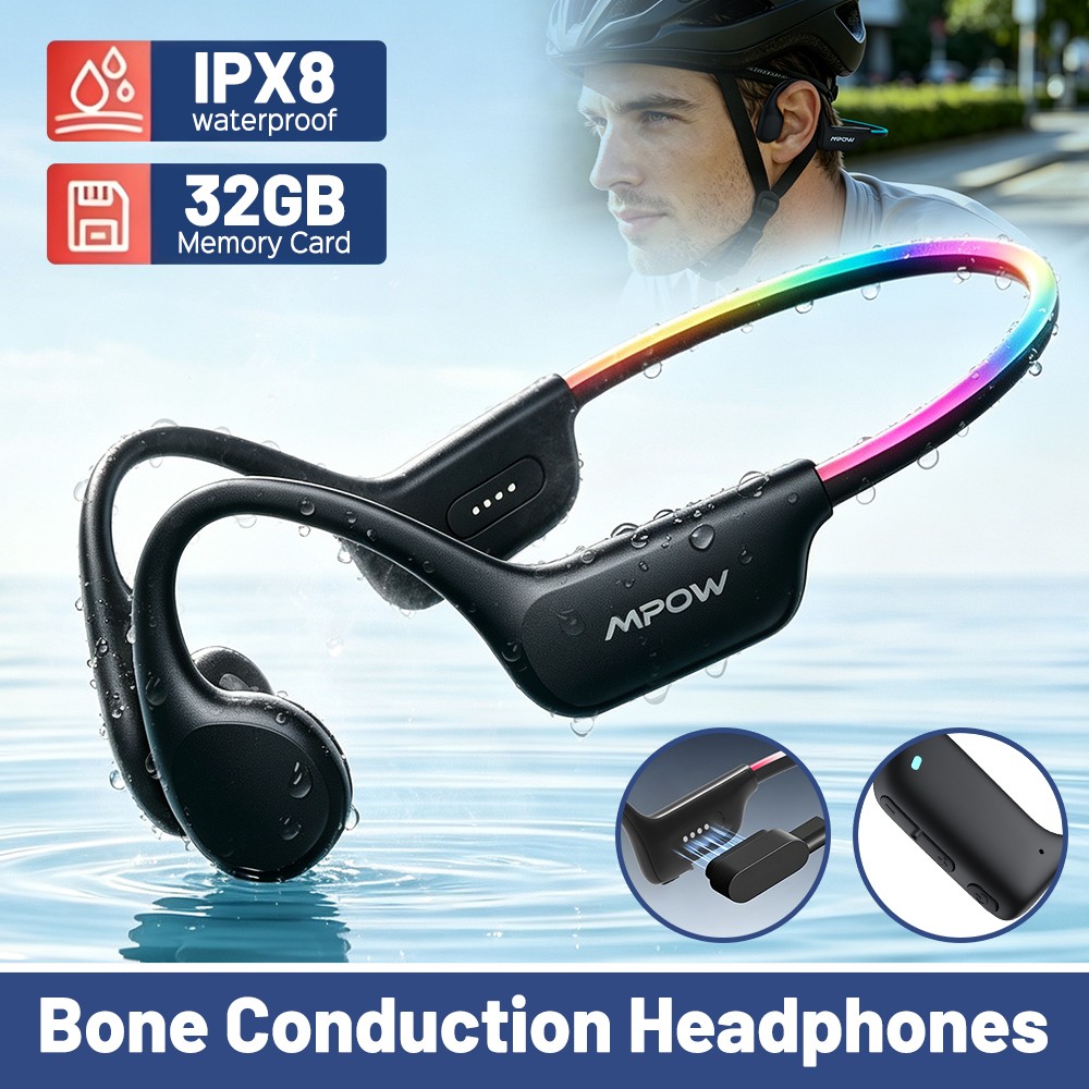 Mpow Bone Conduction Swimming Headphones IPX8 Waterproof Open Ear Earbuds USA