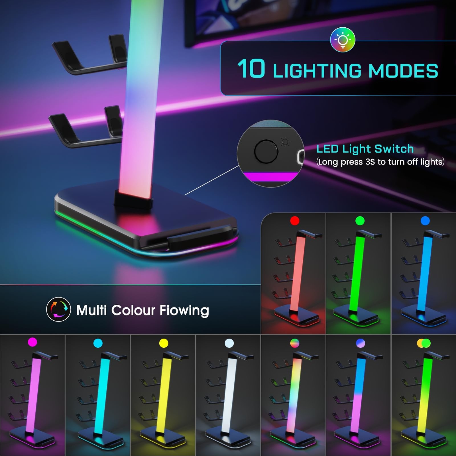 Gaming Headphones Stand with Charging Station, RGB Headset Stand with 10 Light M