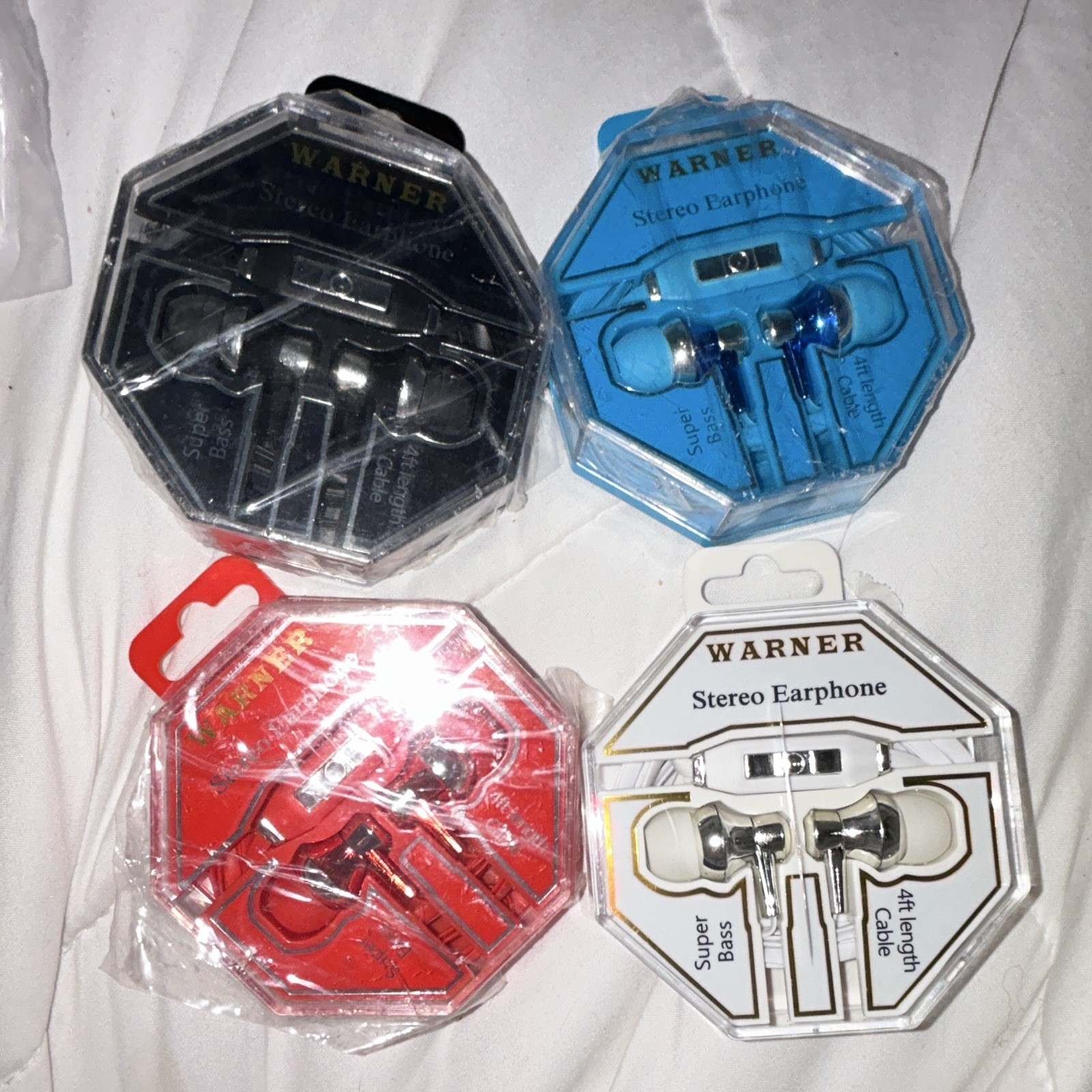 Warner Stereo Earphone Deluxe Spectrum Super Bass 4ft 3.5mm Black Blue Red White