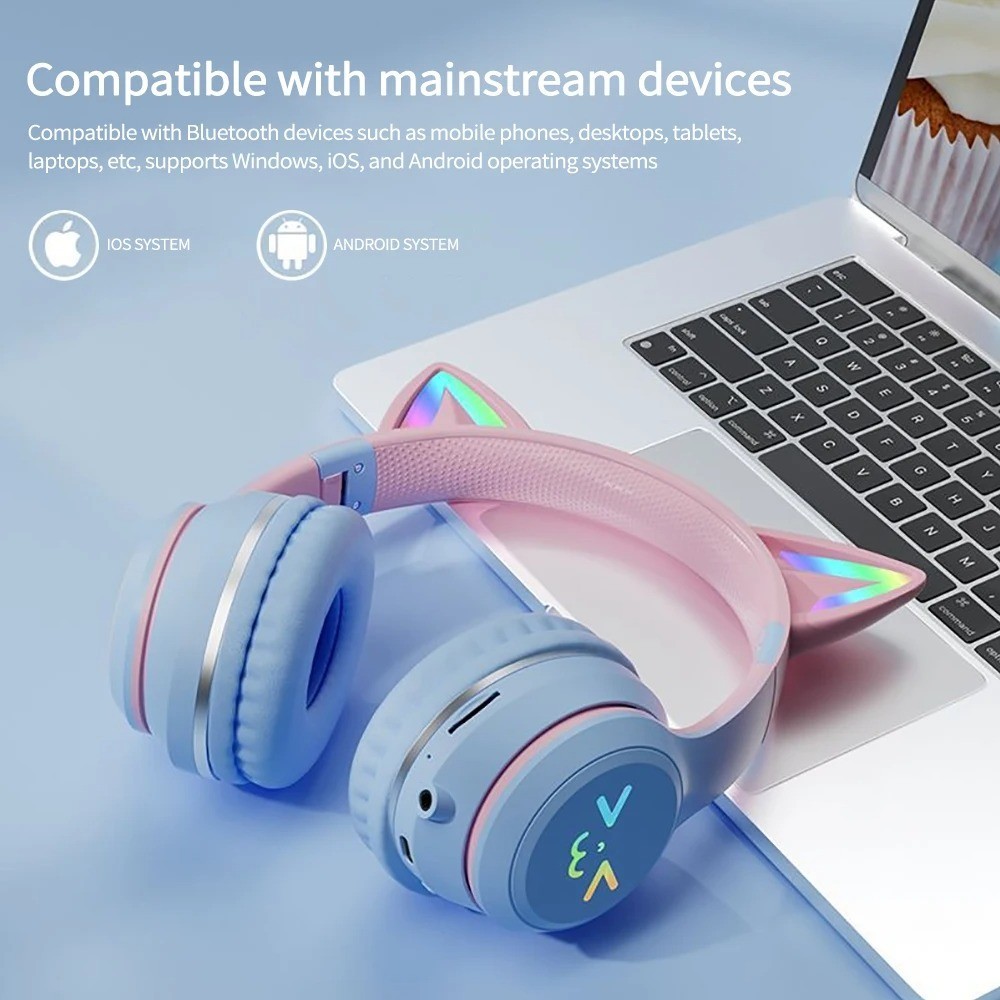 Kids Cat Ear Bluetooth Headphones Wireless LED Light Up Foldable Headset w/ Mic