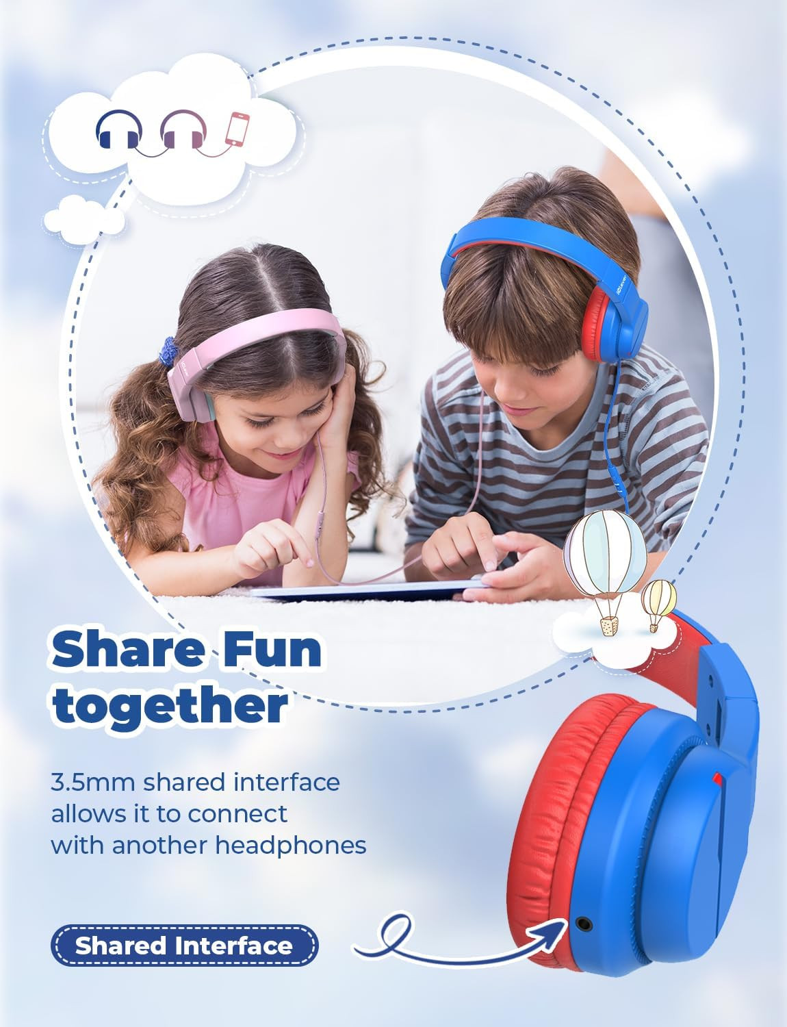 Kids Headphones for School Travel, Safe Volume Limited, HD Mic Stereo Sound Over