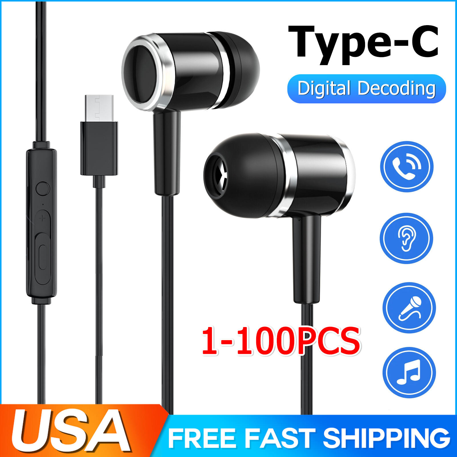 Lot HIFI Bass Stereo Wired Earbuds Headset In-Ear Earphone Headphone MIC USB-C