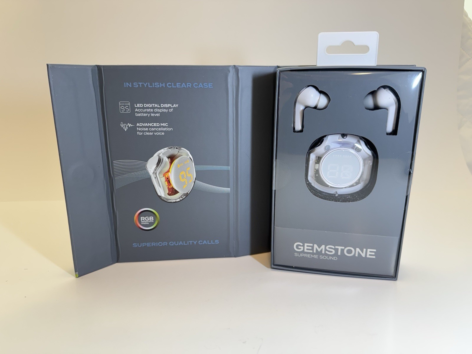 Acelloiries GemstonePro LED Digital Display Earbuds 20 Hours of Playtime White