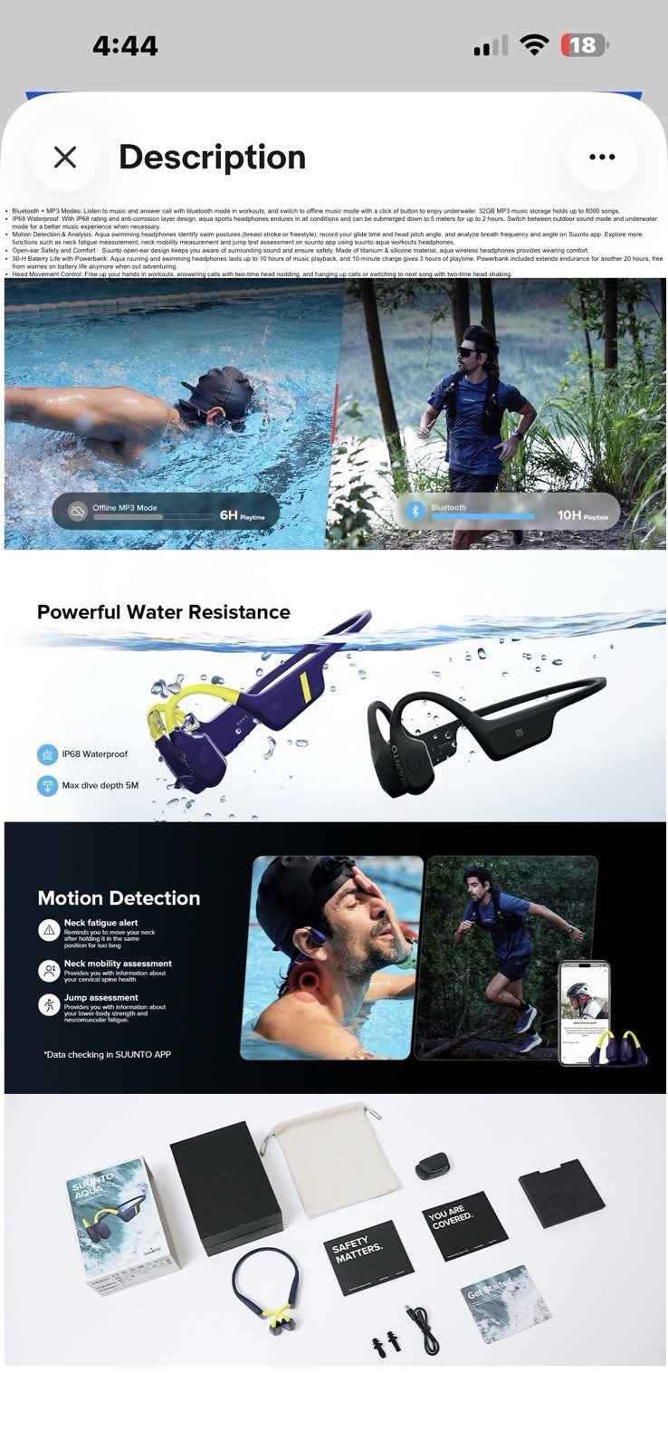 Suunto AQUA BLACK Rechargeable Quartz Headphones Bluetooth. Sealed. SS051023000.