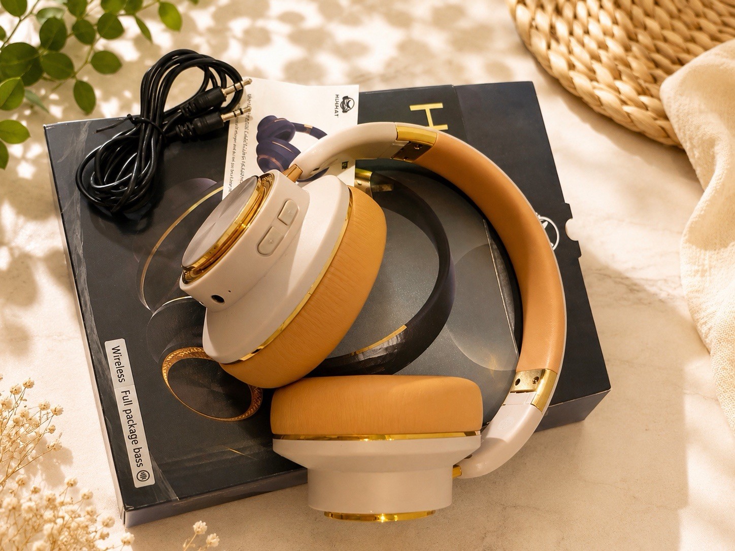 KUUCAT H8 Wireless Over-Ear Headphones w/ ANC, Bluetooth, 3.5mm Tan/Gold
