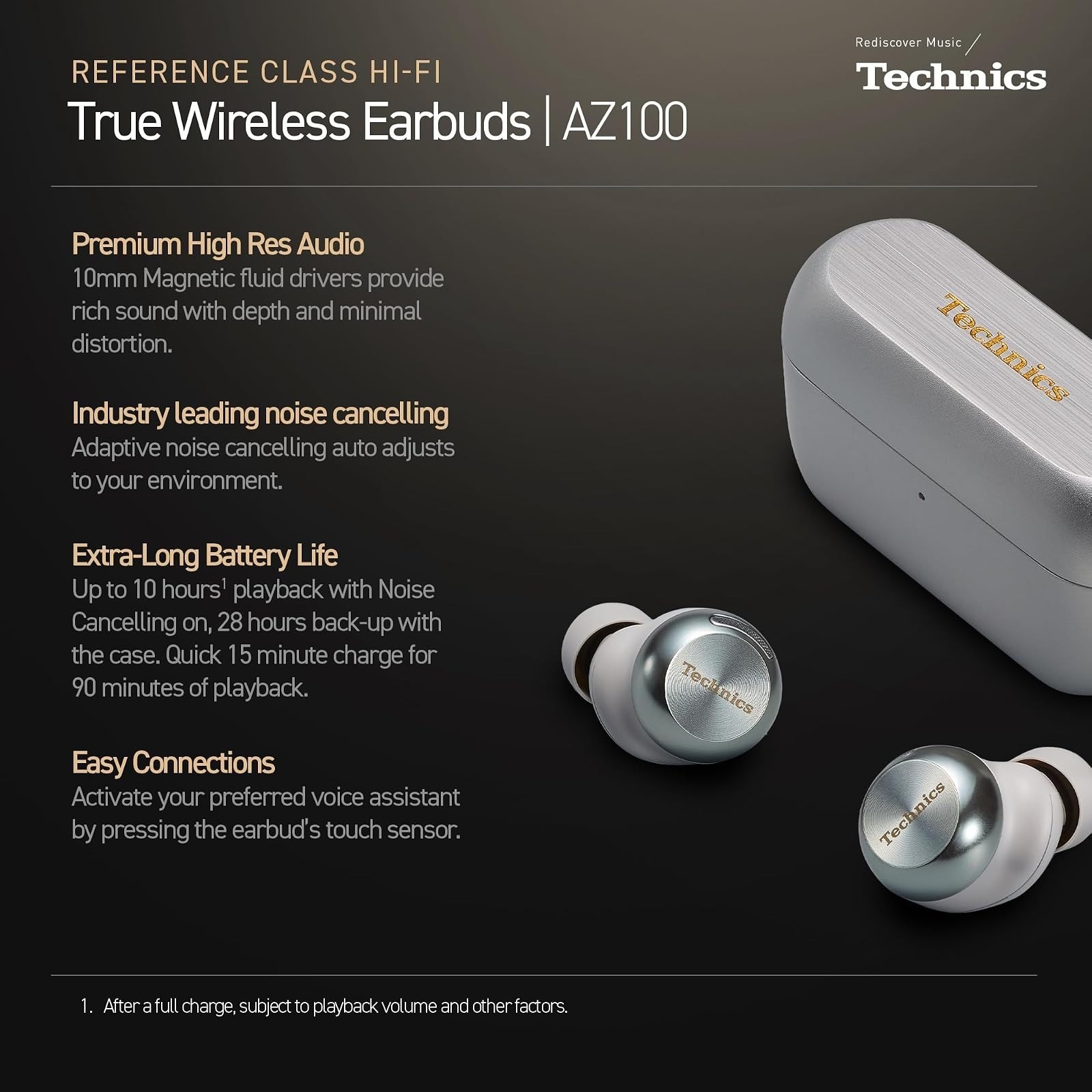 Technics EAH-AZ100-S Wireless Earbuds, Dolby Atmos, Adaptive Noise Cancelling