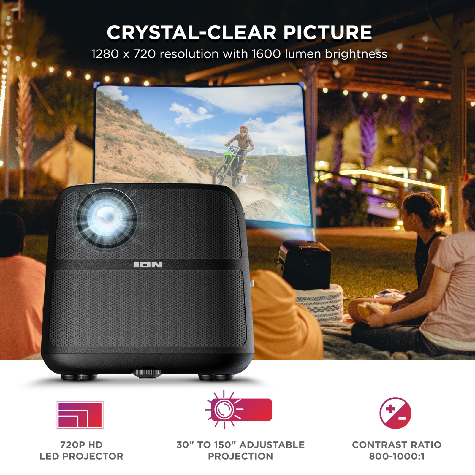 ION Portable Outdoor LED Projector with 70W Speakers, Bluetooth, Rechargeable