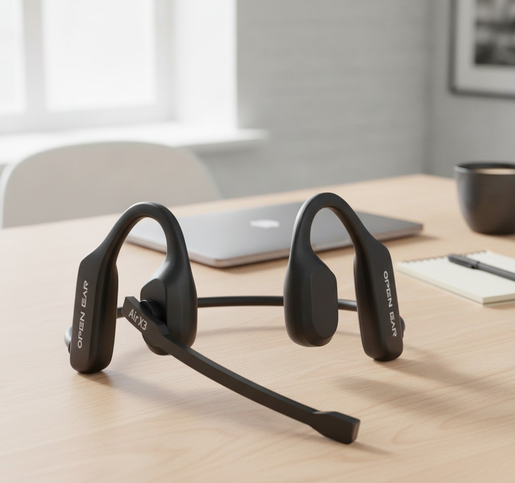 Open Ear Bluetooth Headphones with Mic, Black, AI Noise Reduction, Mute Button