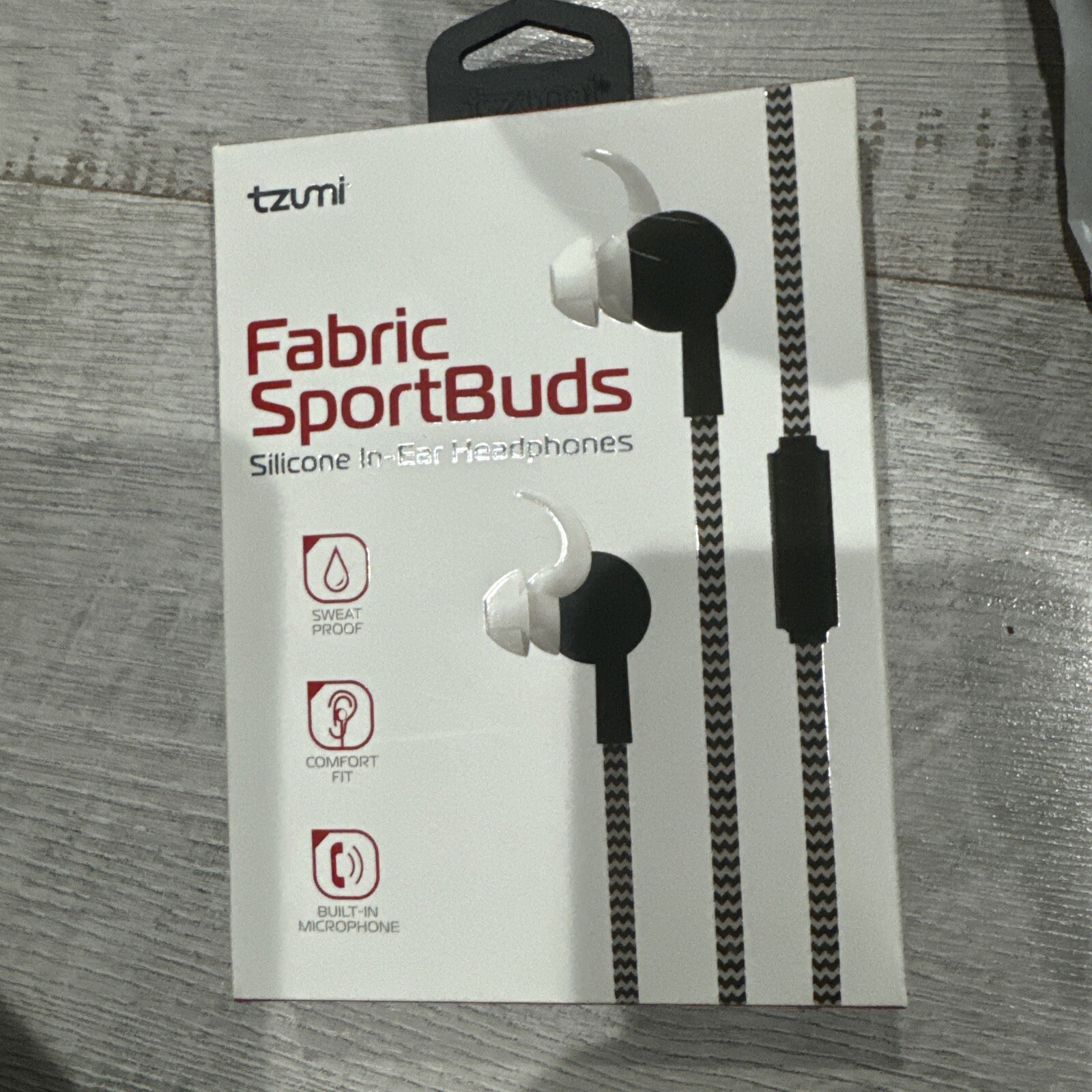 NIB Tzumi Fabric SportBuds Silicone In Ear Headphones Built-In Microphone